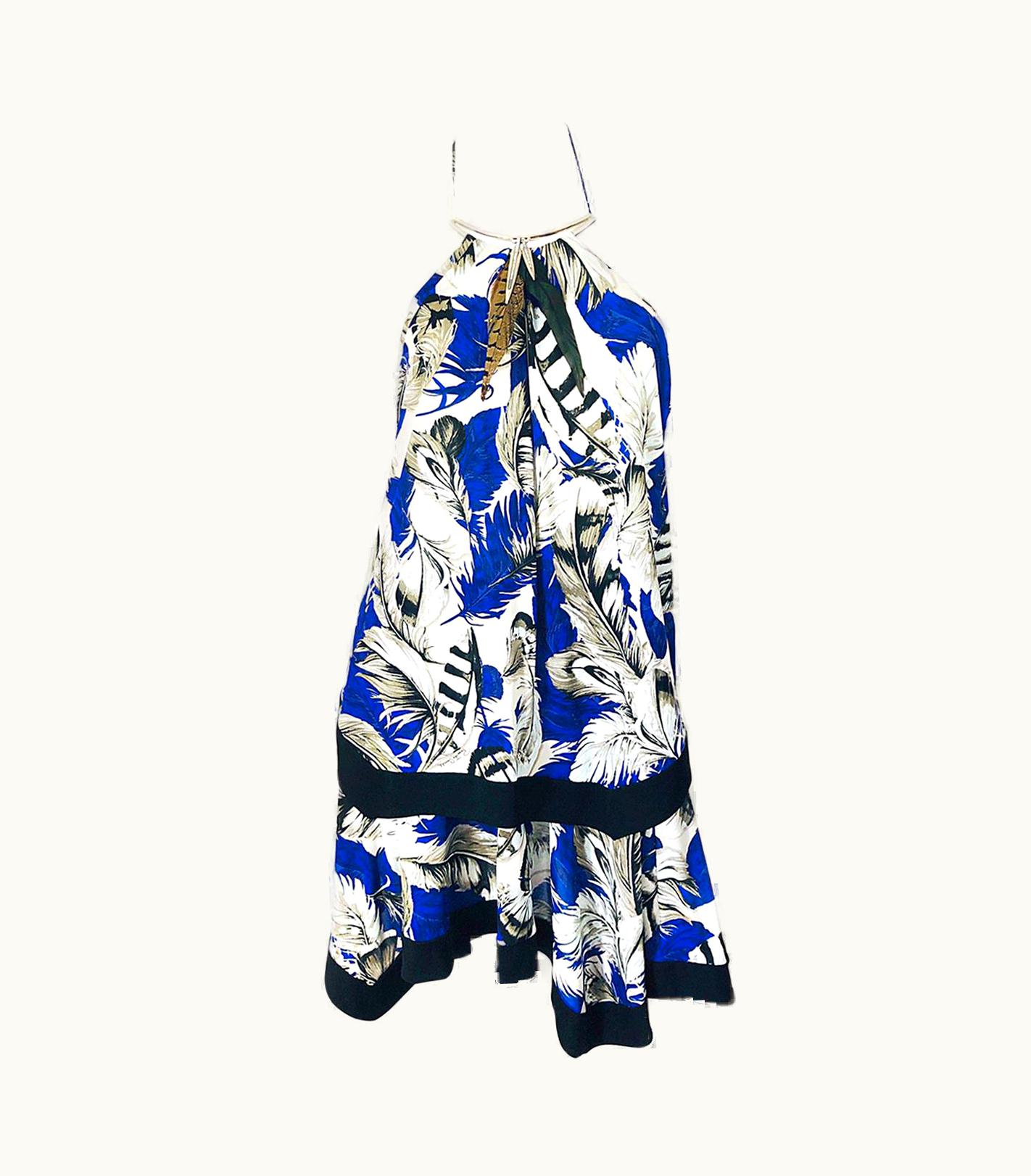 Roberto Cavalli Roberto Cavalli 1990s Cobalt Blue Feathers + Rhinestone 90s Handkerchief Dress