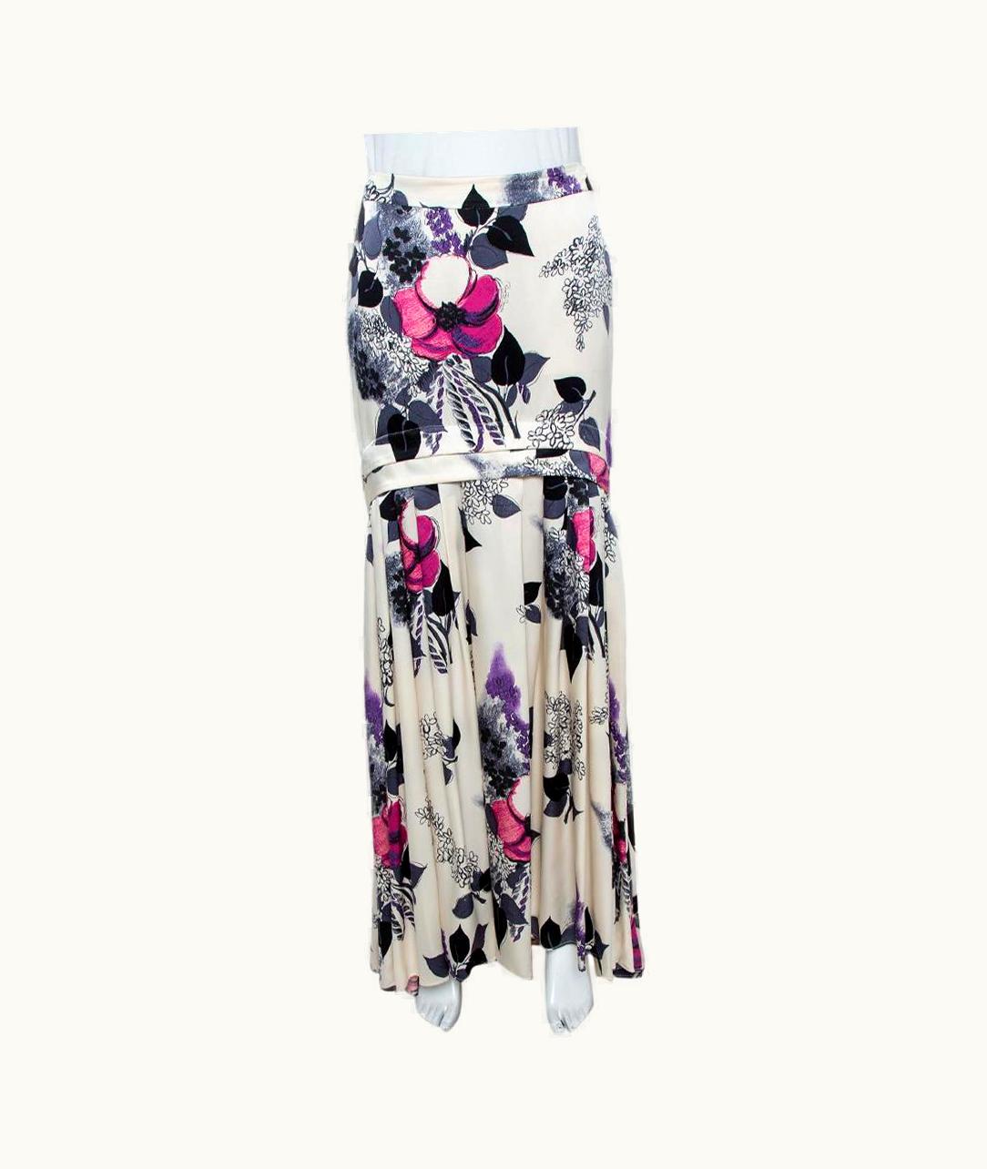 Roberto Cavalli Roberto Cavalli Cream Floral Print Silk Satin Maxi Skirt