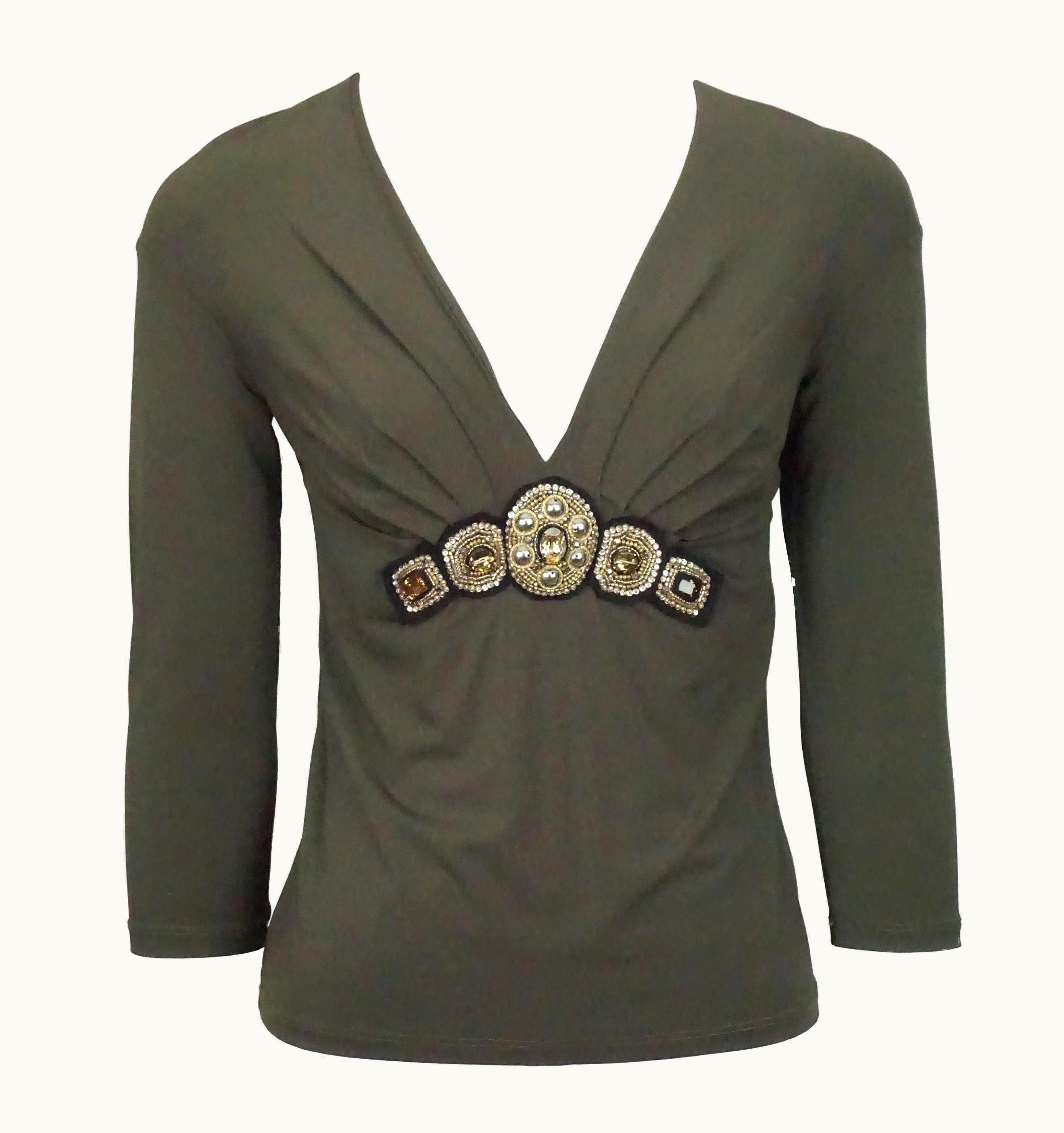 Roberto Cavalli Roberto Cavalli Army Green Jersey Top WS/S Stone Detail