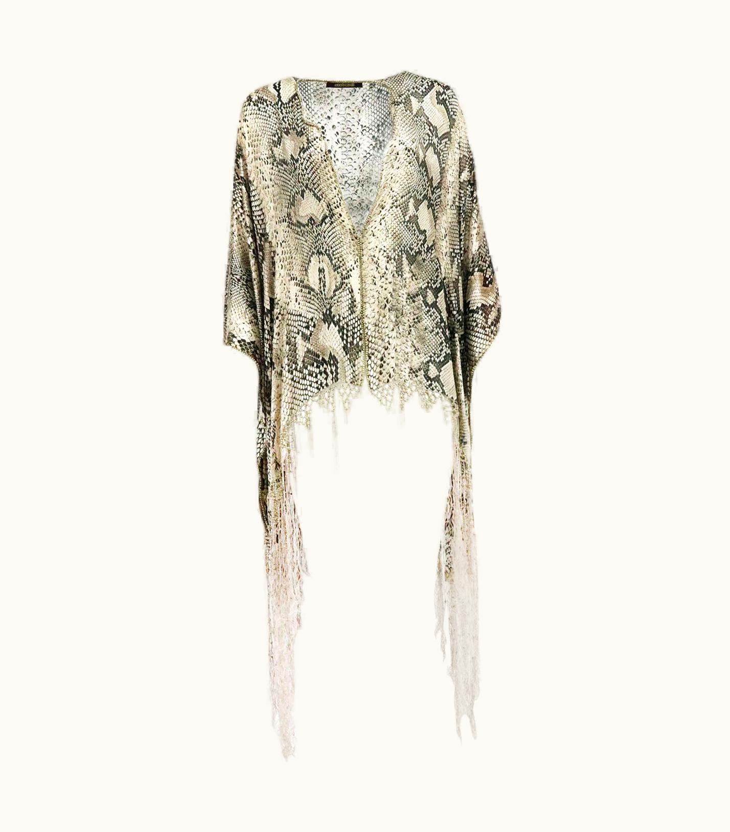 Roberto Cavalli Roberto Cavalli Fringed Snake Print Silk Satin Robe One Size