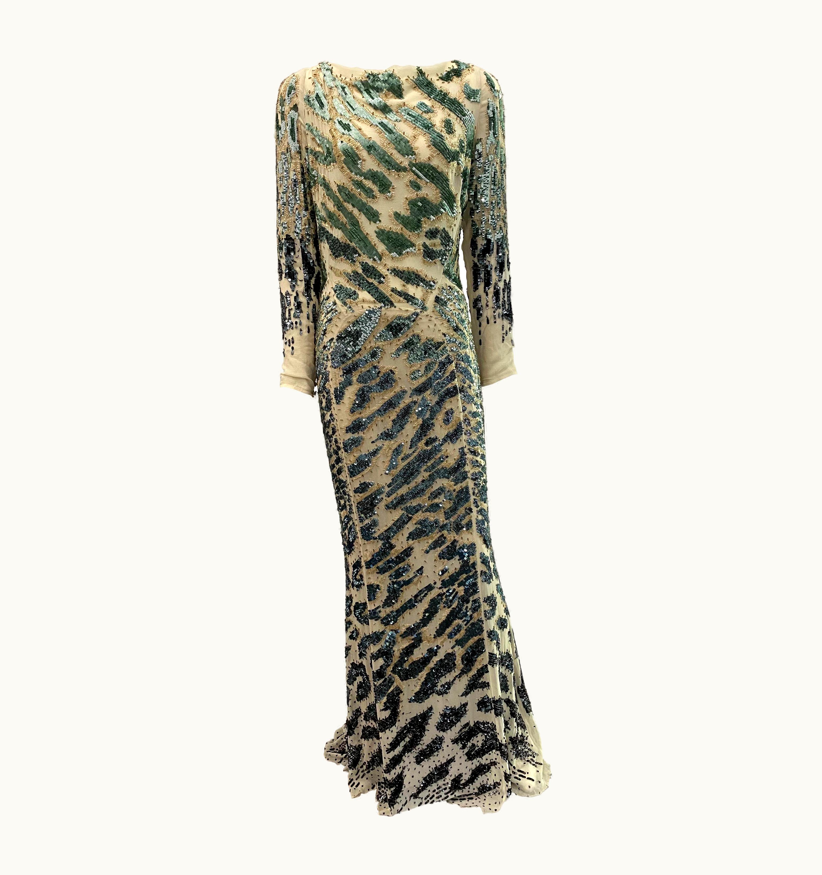 Roberto Cavalli Roberto Cavalli Ivory And Green Sequin Chiffon Gown