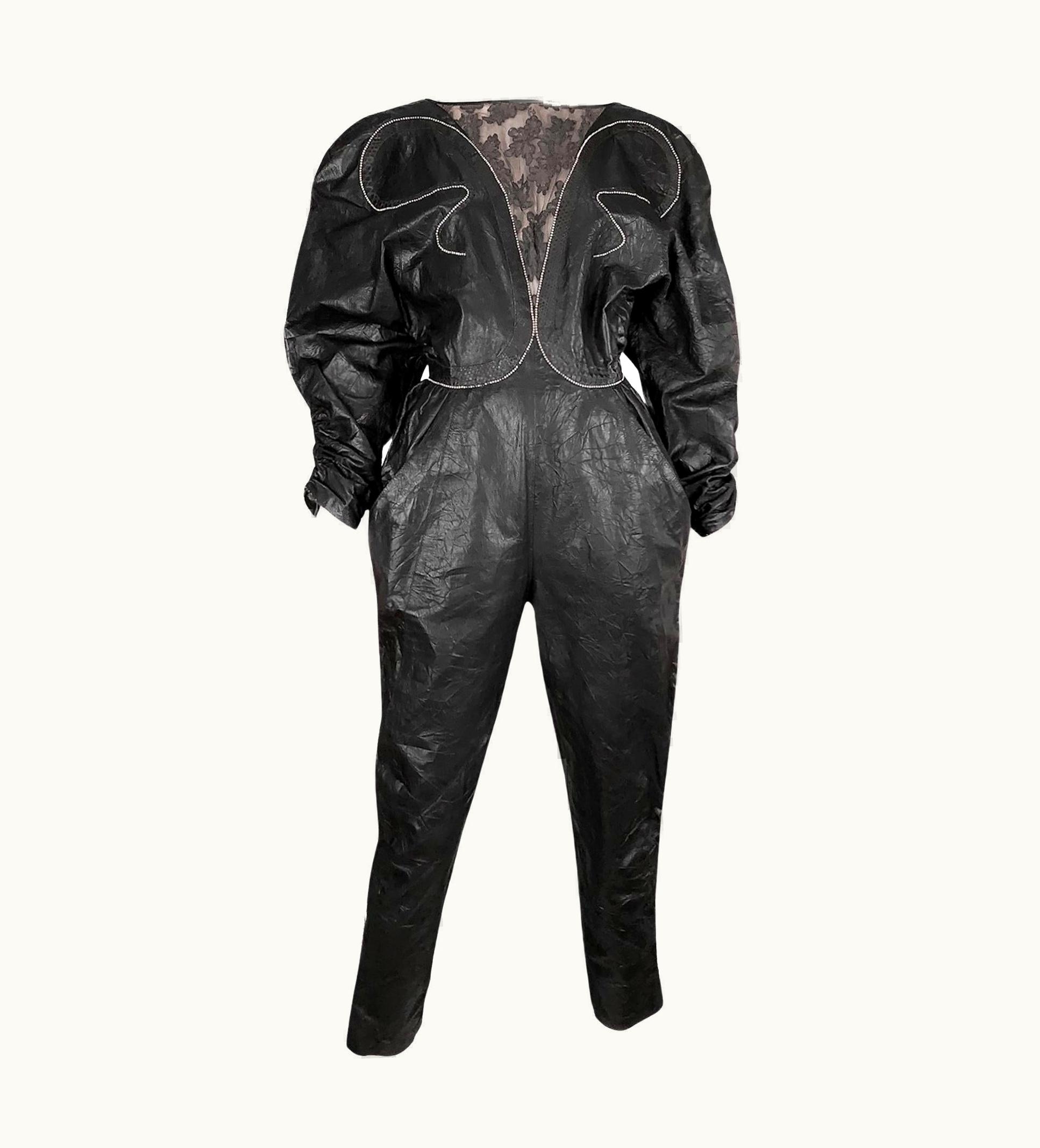 Roberto Cavalli 1990s Roberto Cavalli Leather Crystal Embellished Jumpsuit w/Butterfly Applique