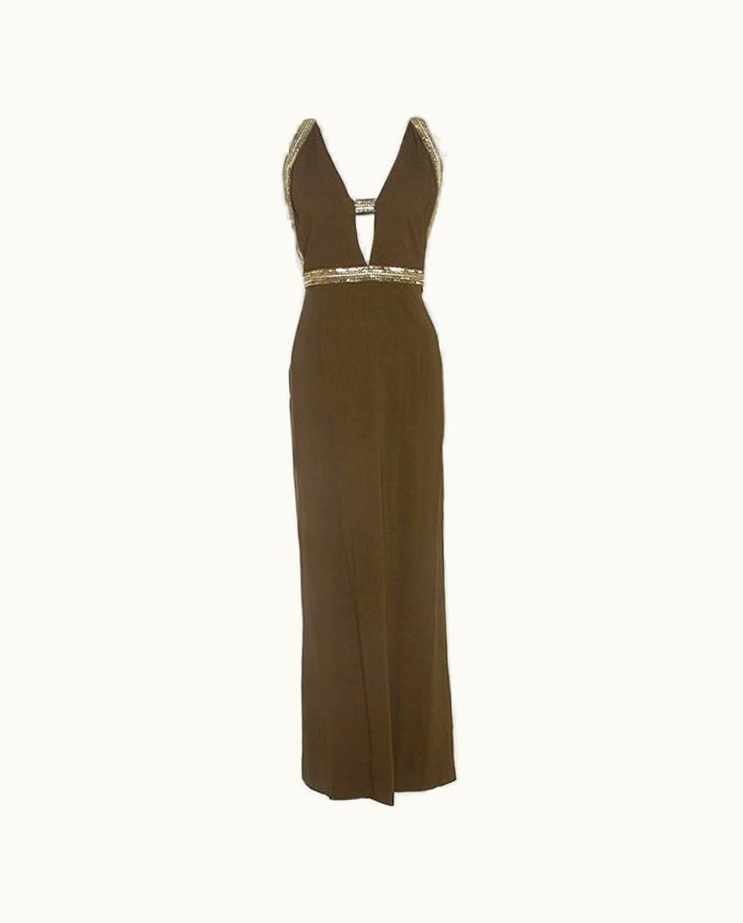 Roberto Cavalli Roberto Cavalli Olive Green Crepe Sequin Trim Maxi Dress