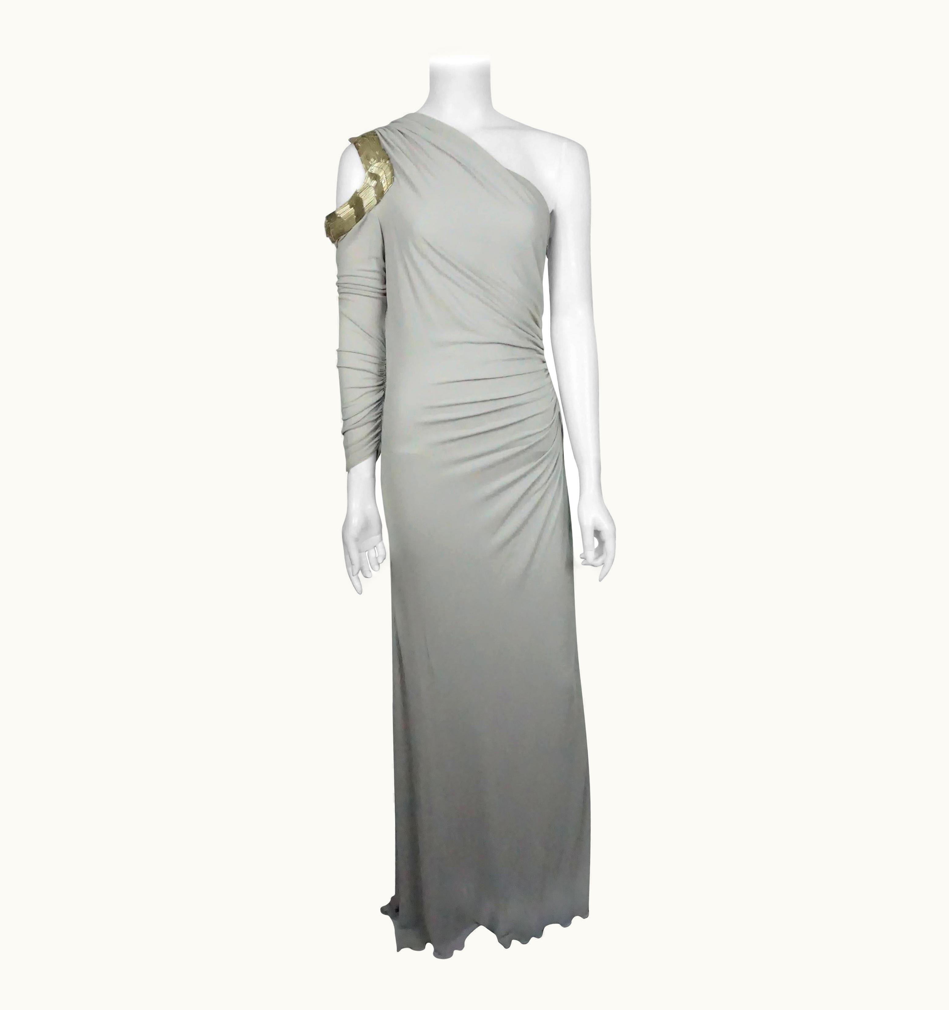 Roberto Cavalli Roberto Cavalli Grey Silk Jersey One Shoulder Beaded Gown