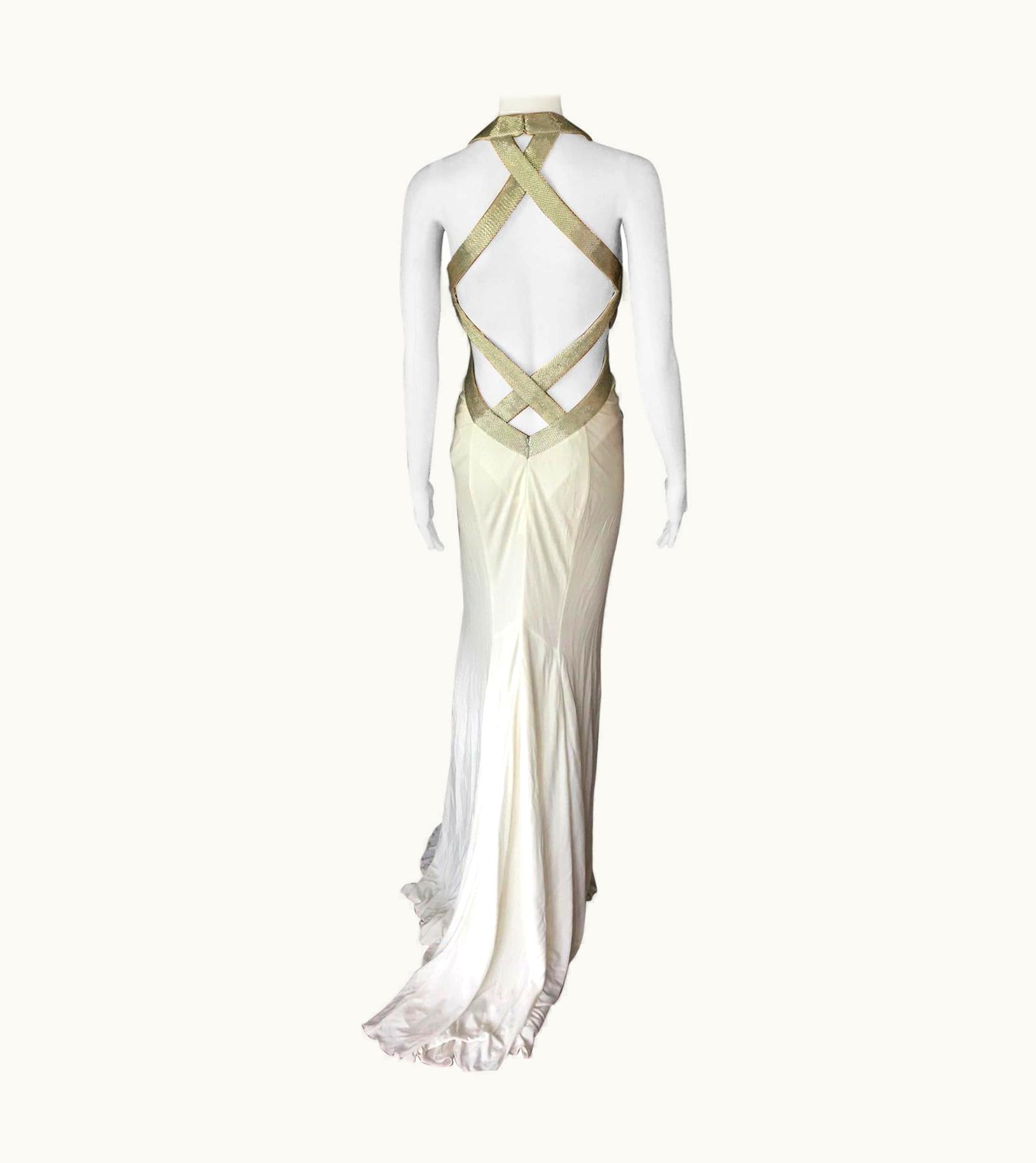 Roberto Cavalli Roberto Cavalli Embellished Plunged Décolleté Open Back White Evening Dress Gown
