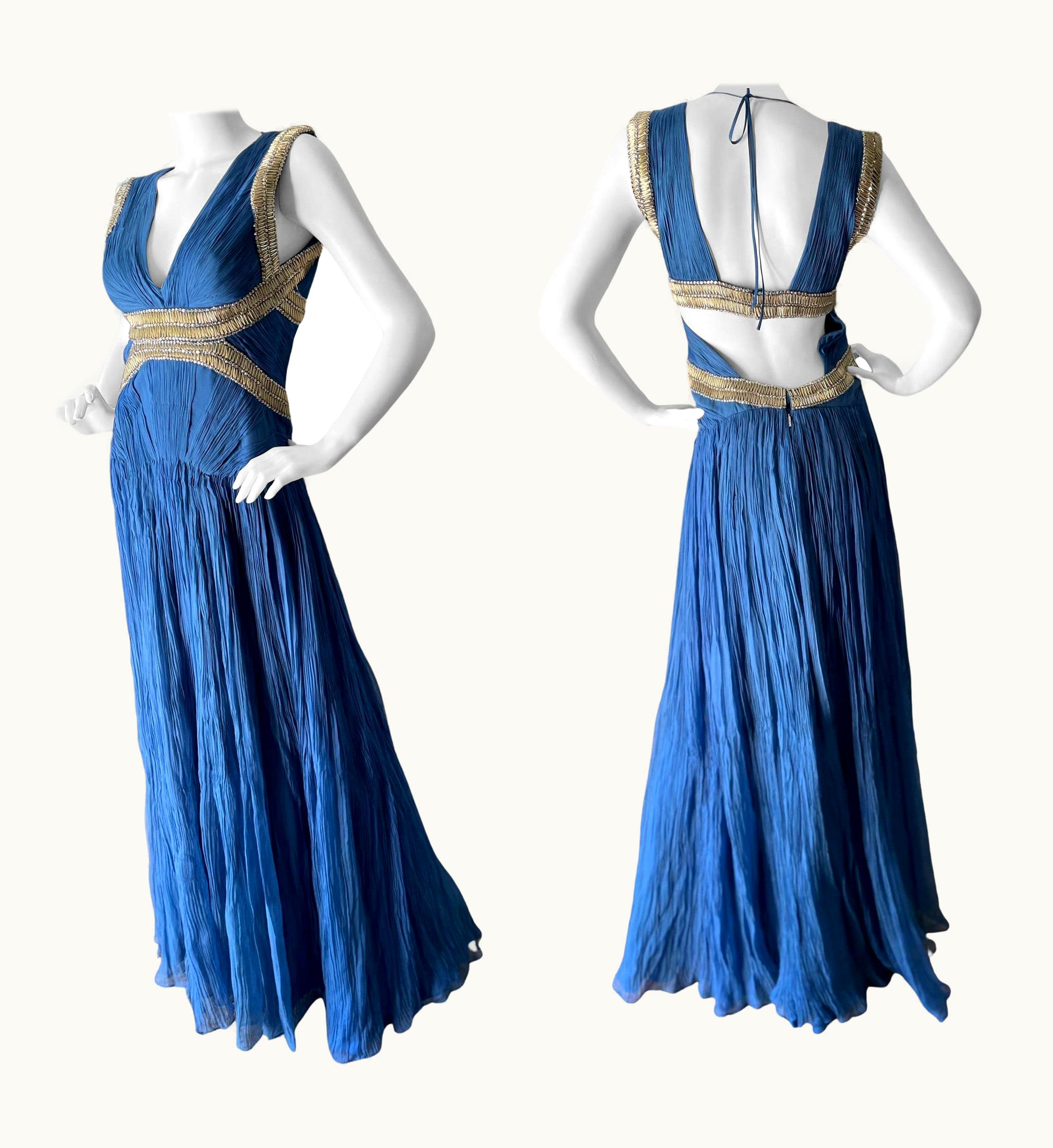 Roberto Cavalli Roberto Cavalli Vintage Pleated Blue Beaded Evening Dress With Sexy Back