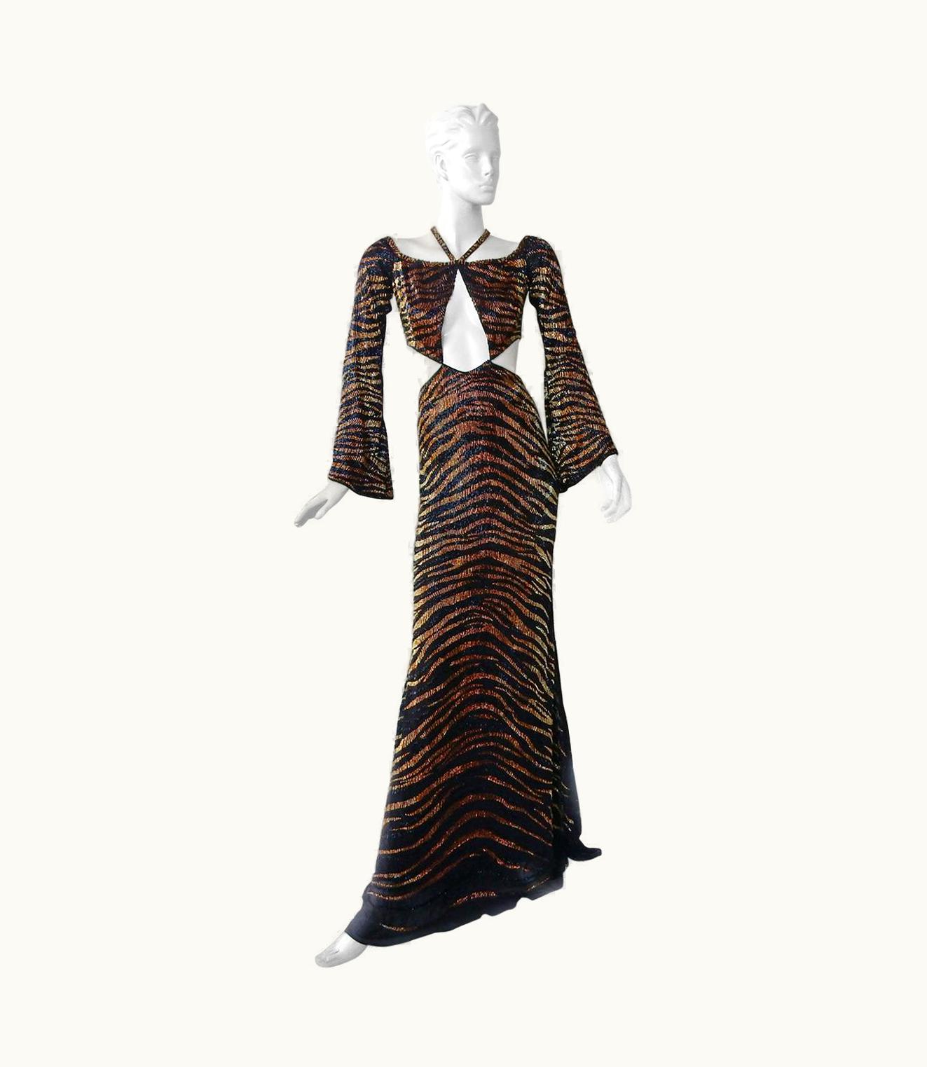 Roberto Cavalli Nwt $10.5k Roberto Cavalli Cut-Out Beaded Tiger Print Gown Dress
