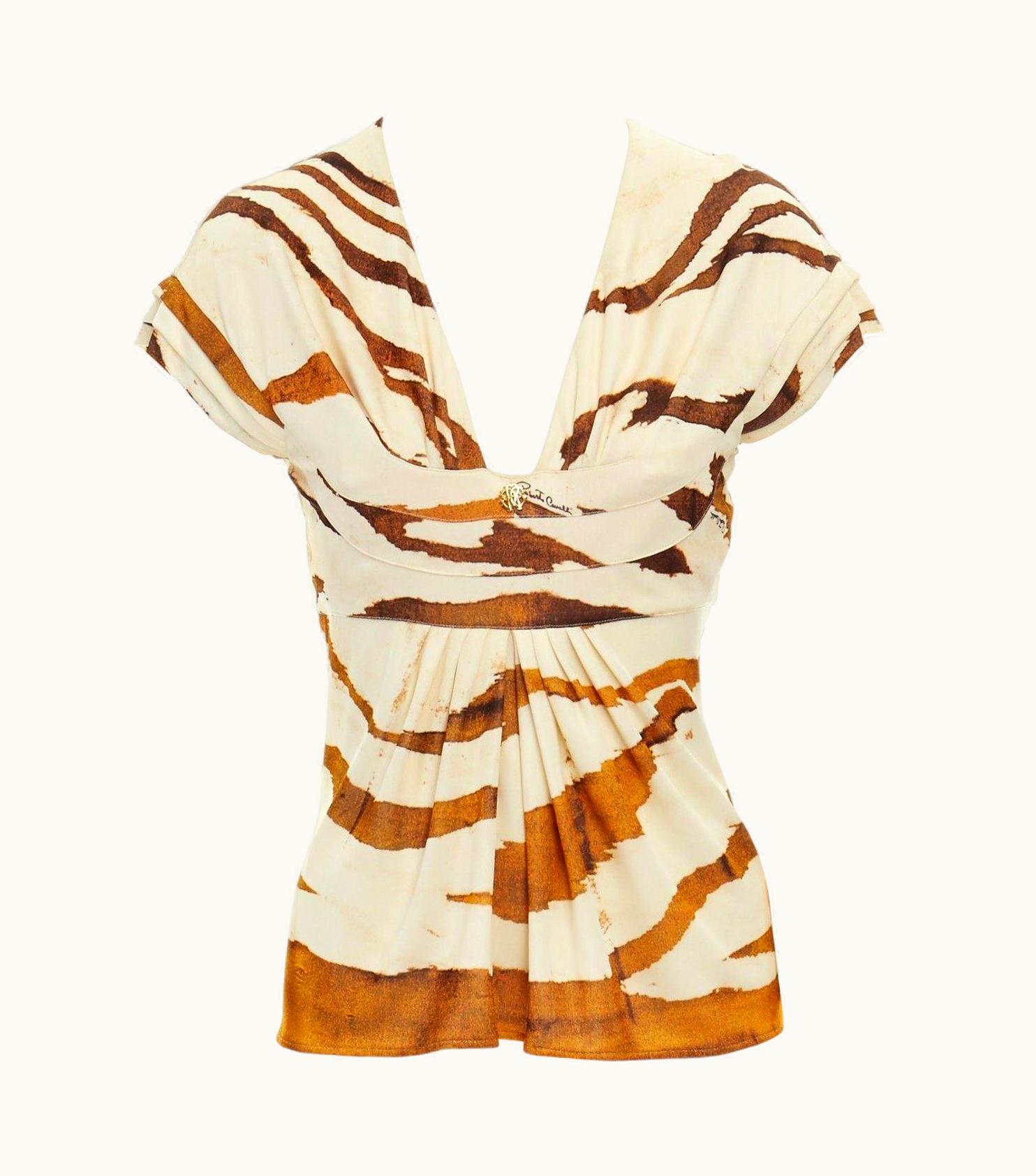 Roberto Cavalli Roberto Cavalli Cream Brown Abstract Print Scoop Neck Top