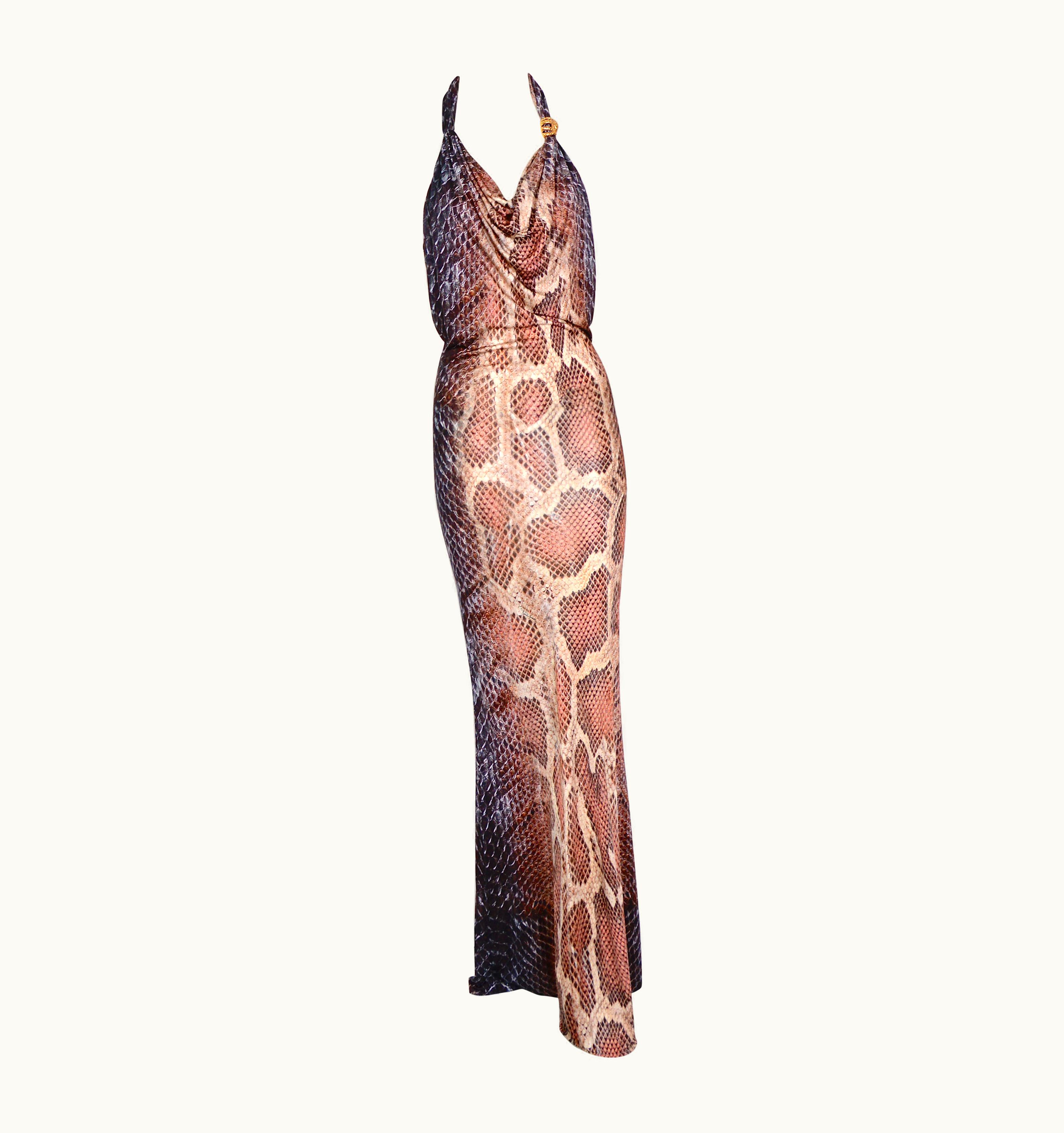 Roberto Cavalli Vintage Roberto Cavalli Signed Reptile Print And Attached Brooch Long Dress