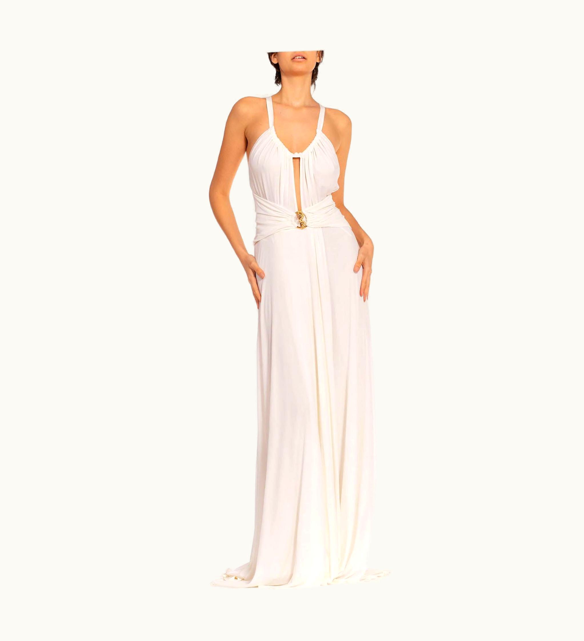 Roberto Cavalli 1990s Roberto Cavalli White & Gold Silk Jersey Sexy Snake Trim Gown