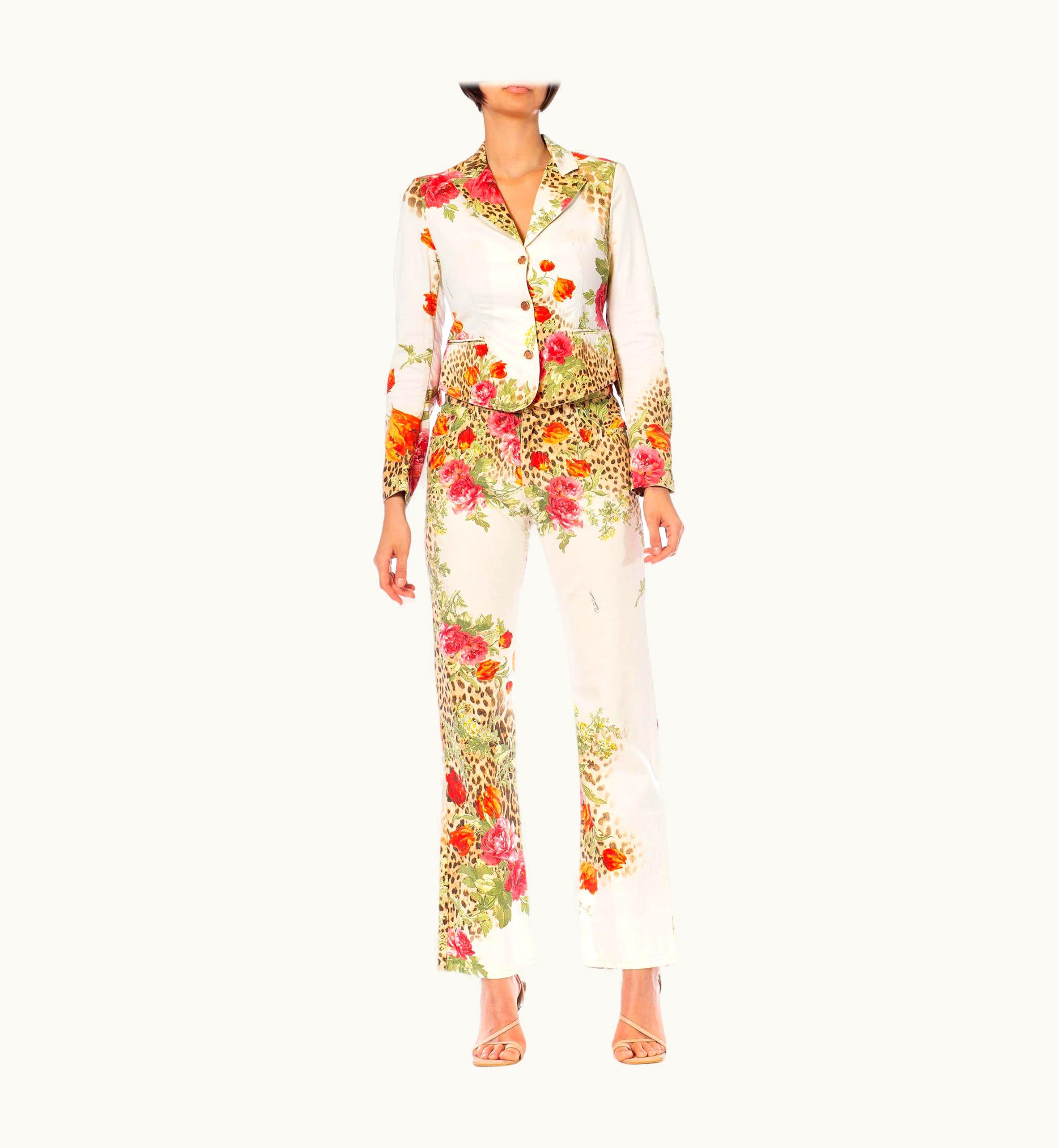 Roberto Cavalli 1990s Roberto Cavalli Cream Floral Print Denim Jean Jacket & Pants Ensemble