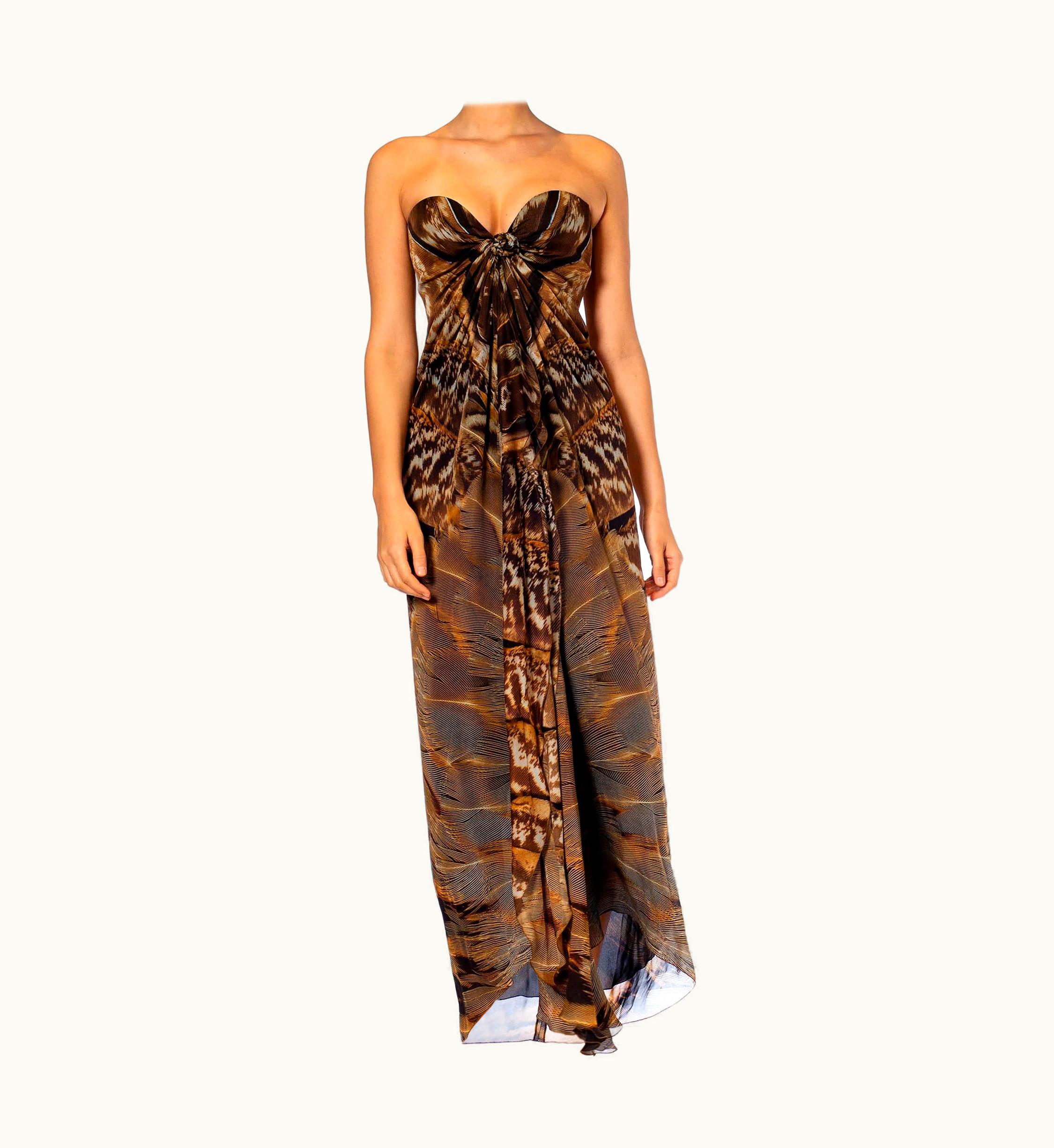 Roberto Cavalli 2000s Roberto Cavalli Animal Print Bias Cut Silk Chiffon Strapless Gown