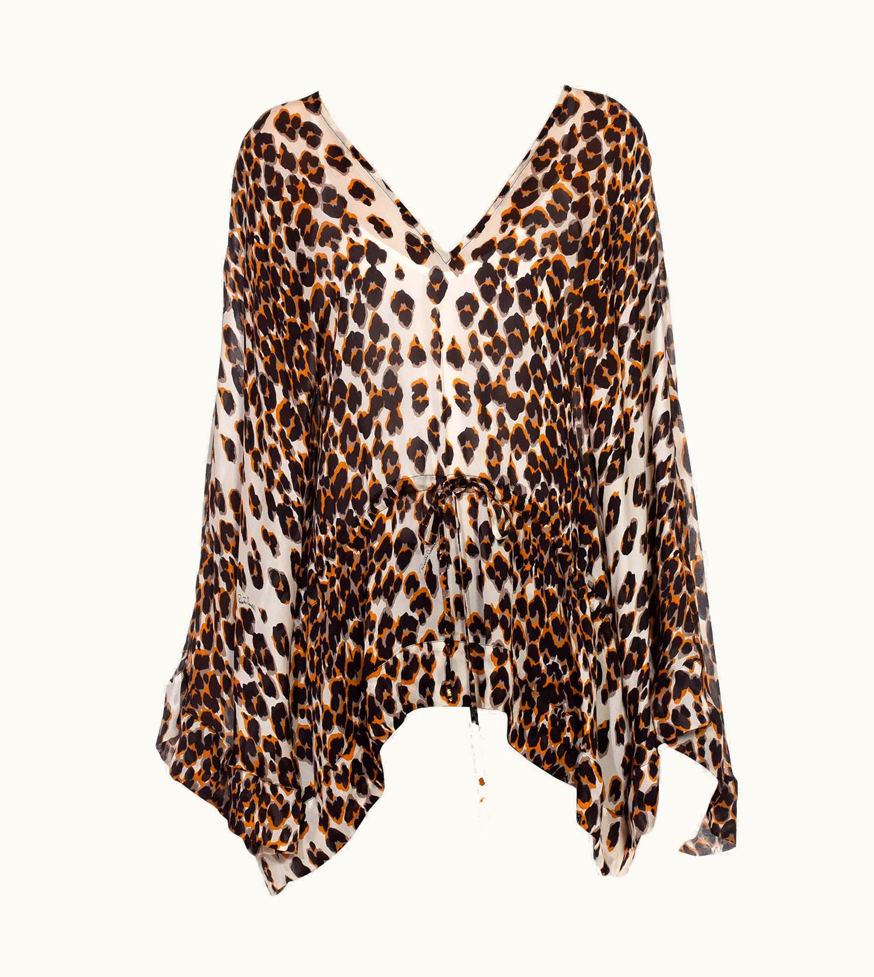 Roberto Cavalli 1990s Roberto Cavalli Black, Orange & Grey Animal Print Silk Chiffon Top