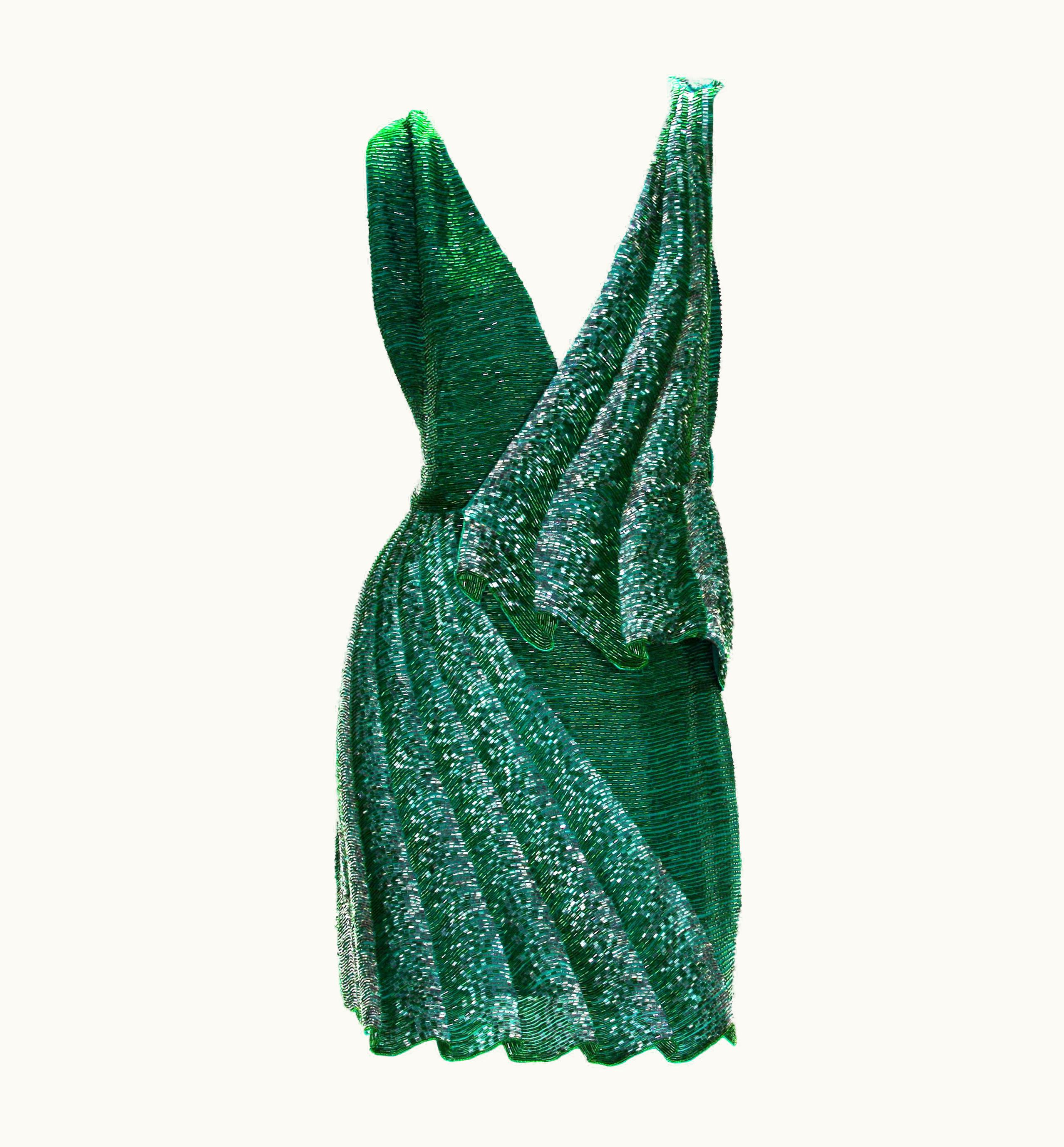 Roberto Cavalli Roberto Cavalli Fully Beaded Mini Green Graphite Drape Illusion Plunging Dress