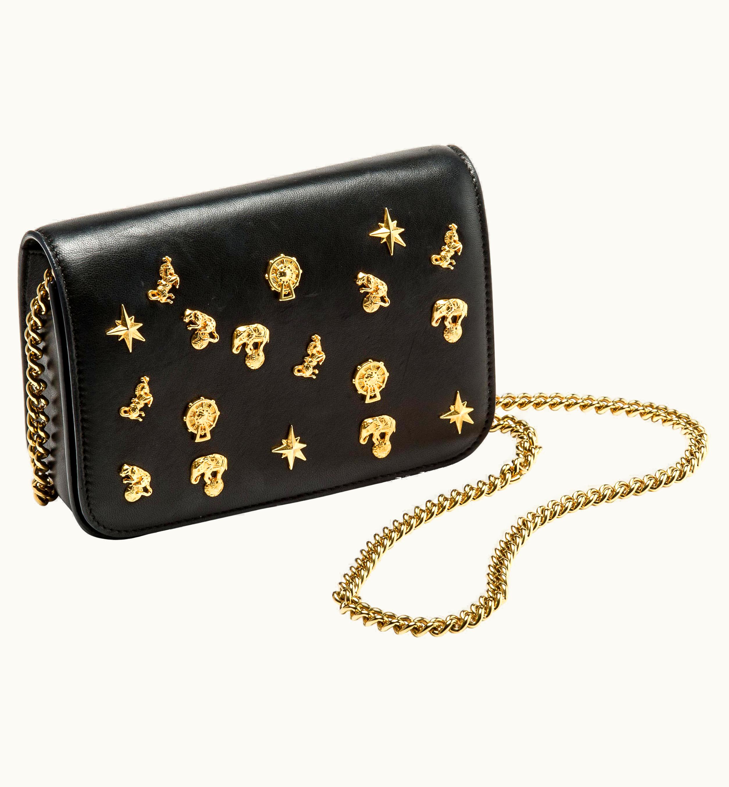 Roberto Cavalli Roberto Cavalli Circus Purse Black Leather Gold Animal Embellishment Chain Strap