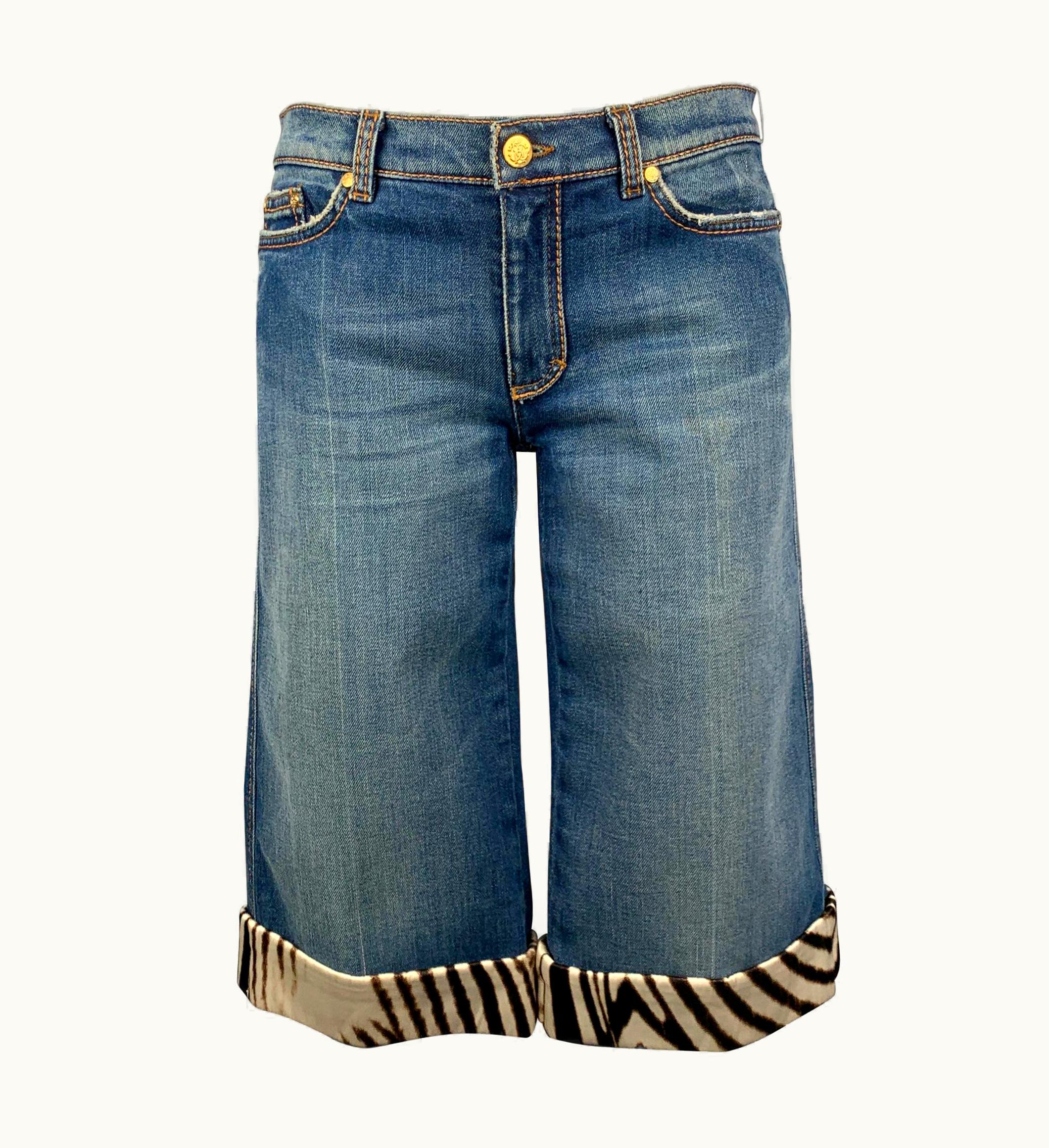 Roberto Cavalli Roberto Cavalli Indigo & Brown Zebra Hem Cotton S/S Polyurethane Shorts