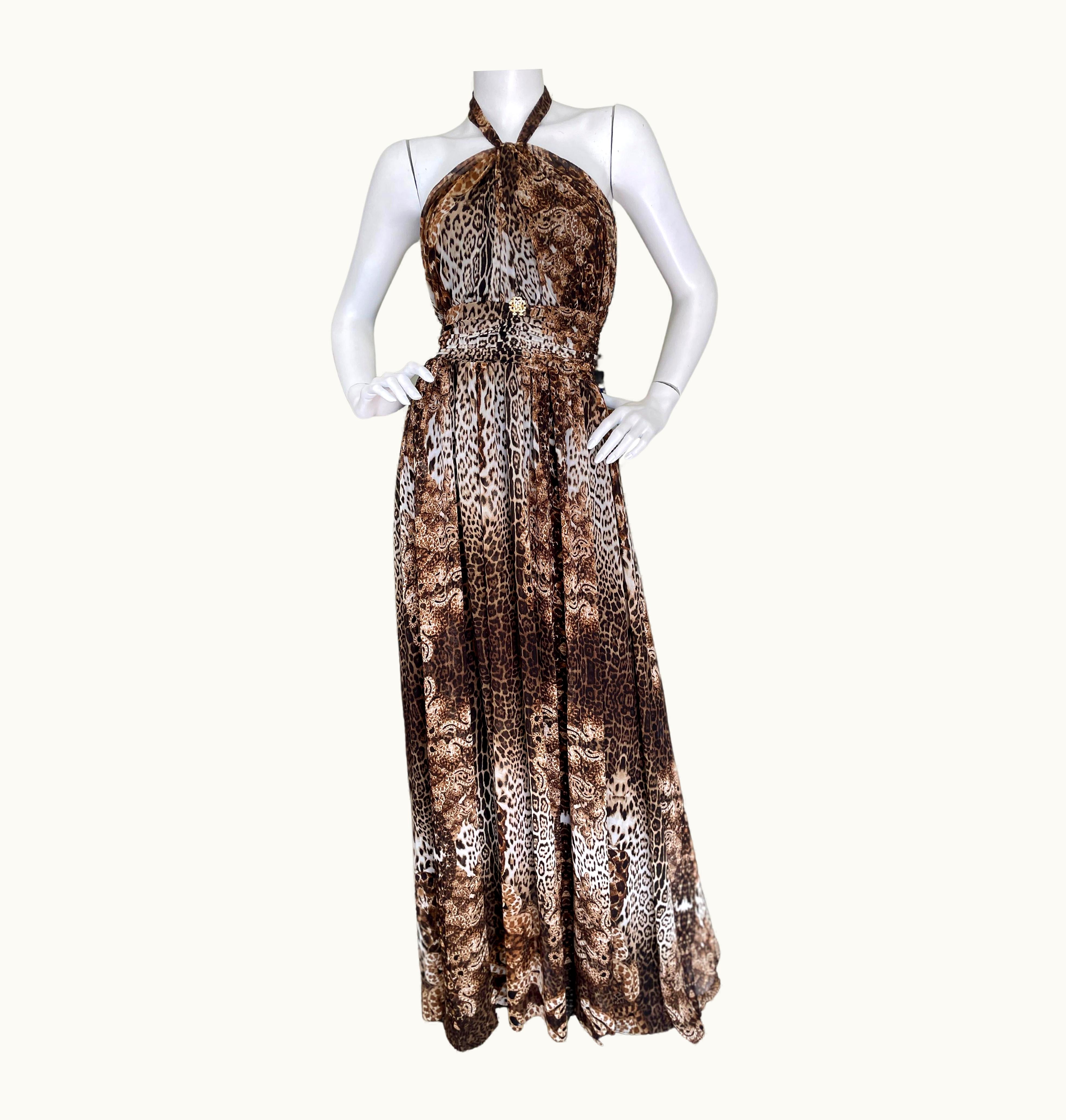 Roberto Cavalli Roberto Cavalli Vintage Tie Neck Halter Style Leopard Print Evening Dress