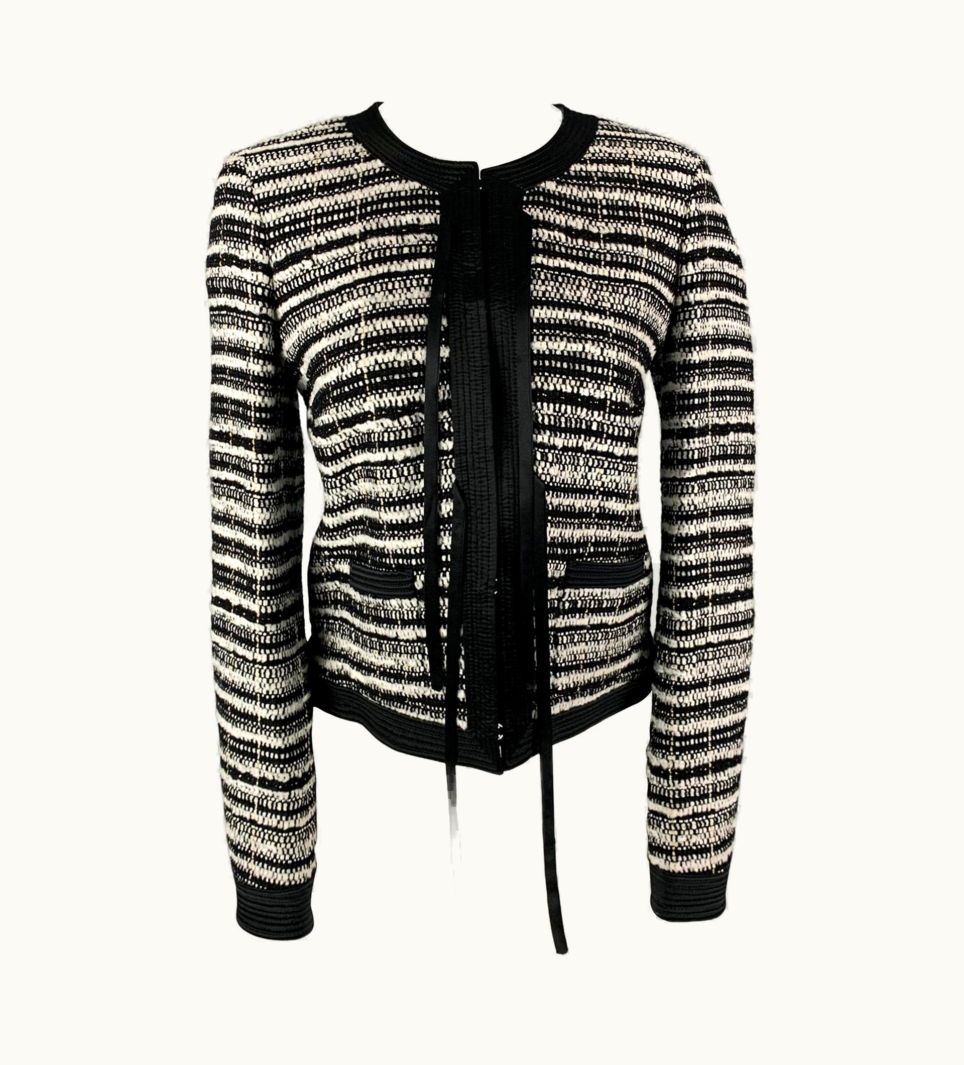 Roberto Cavalli Roberto Cavalli Black & White Stripe Boucle Wool Blend Jacket