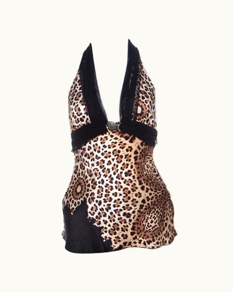 Roberto Cavalli Roberto Cavalli Brown Cheetah Print Silk Tulle Trim Halter Top