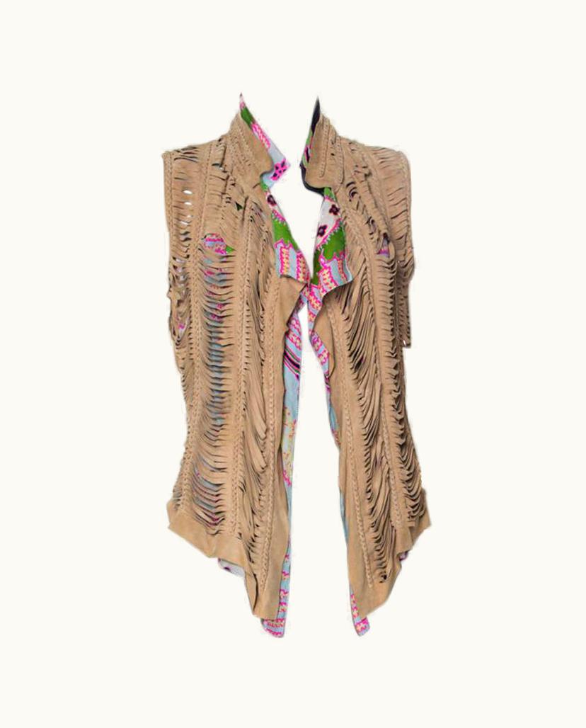 Roberto Cavalli Roberto Cavalli Multicolor Printed Silk And Beige Suede Overlay Sleeveless Vest UZ0606143