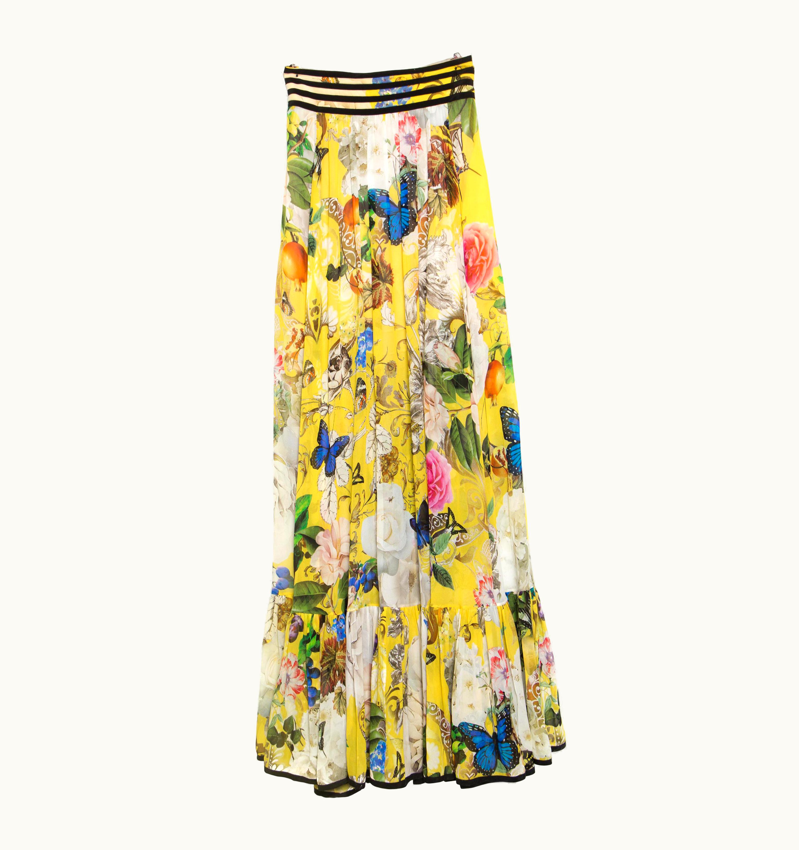 Roberto Cavalli Roberto Cavalli Yellow Wonderland Printed Silk Flounce Bottom Maxi Skirt