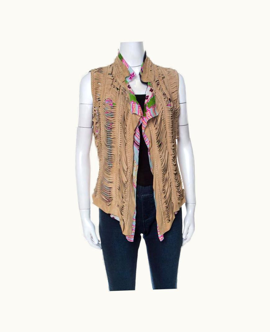 Roberto Cavalli Roberto Cavalli Multicolor Printed Silk And Beige Suede Overlay Sleeveless Vest UZ0606152