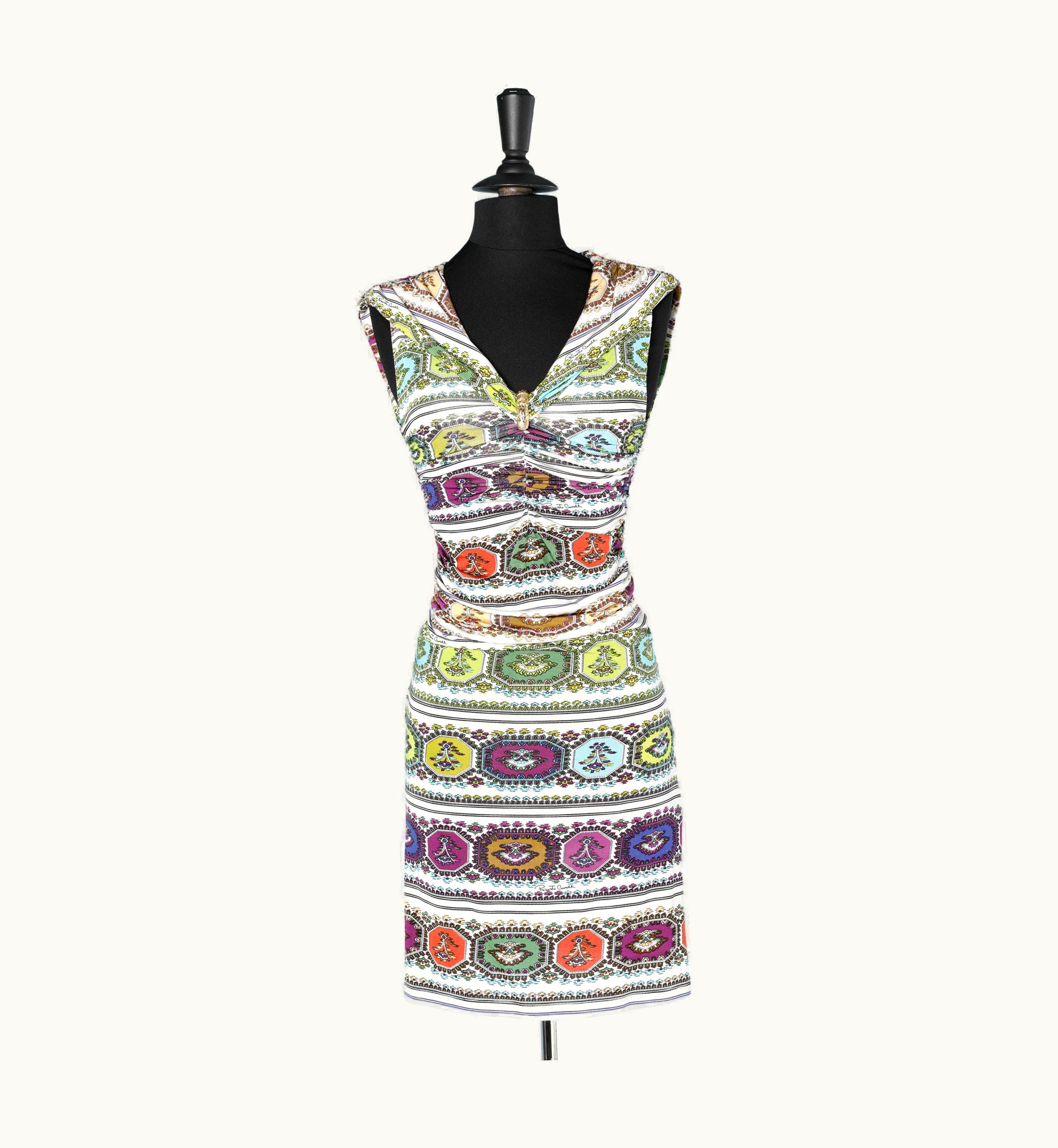 Roberto Cavalli Printed Draped Jersey Dress With Gold Metal Brooch Roberto Cavalli