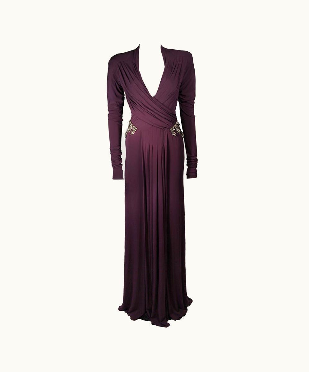 Roberto Cavalli Roberto Cavalli Aubergine Long Sleeve Jersey Gown With Embellishments