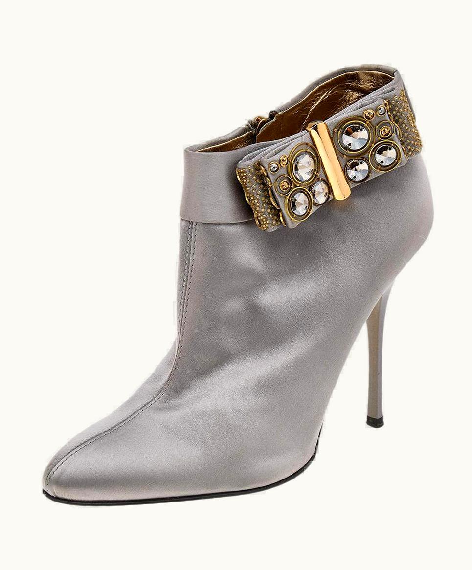 Roberto Cavalli Roberto Cavalli Grey Satin Bow Embellished Ankle Length Boots