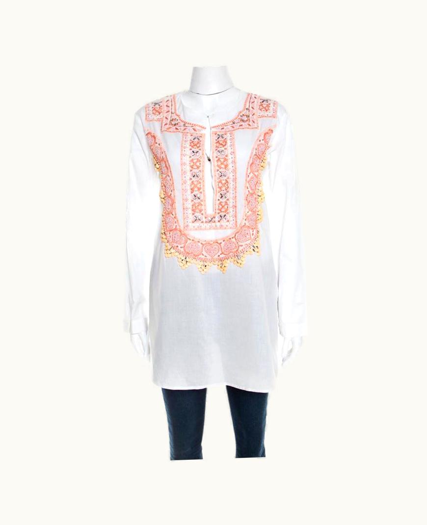 Roberto Cavalli Roberto Cavalli White Cotton Beaded Embroidered Detail Long Sleeve Blouse