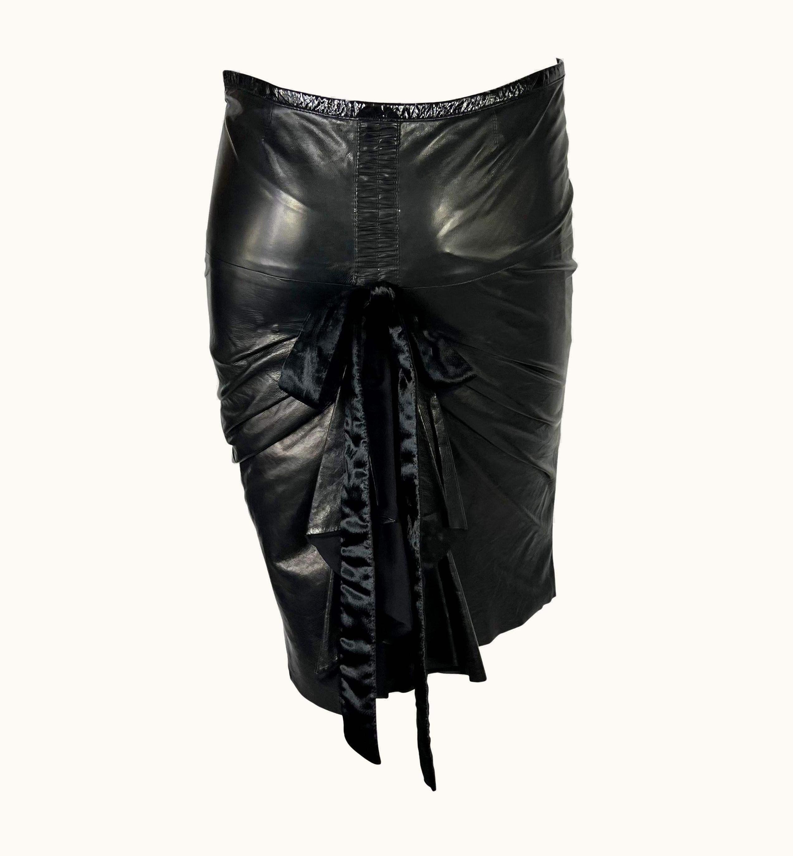 Roberto Cavalli 2000s Roberto Cavalli Black Leather Distressed Pleated Velvet Bodycon Skirt Y2k
