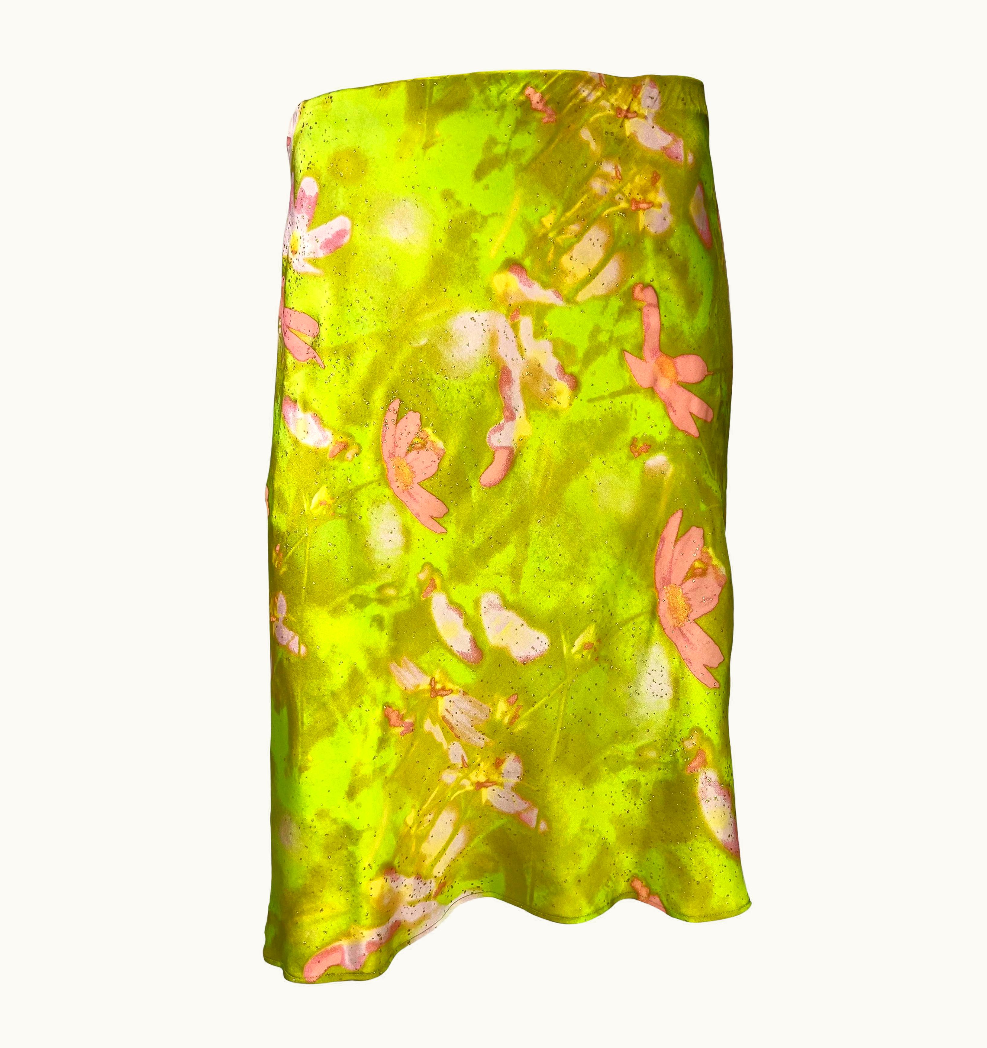 Roberto Cavalli Late 1990s Roberto Cavalli Chartreuse Pink Gold Metallic Floral Satin Skirt