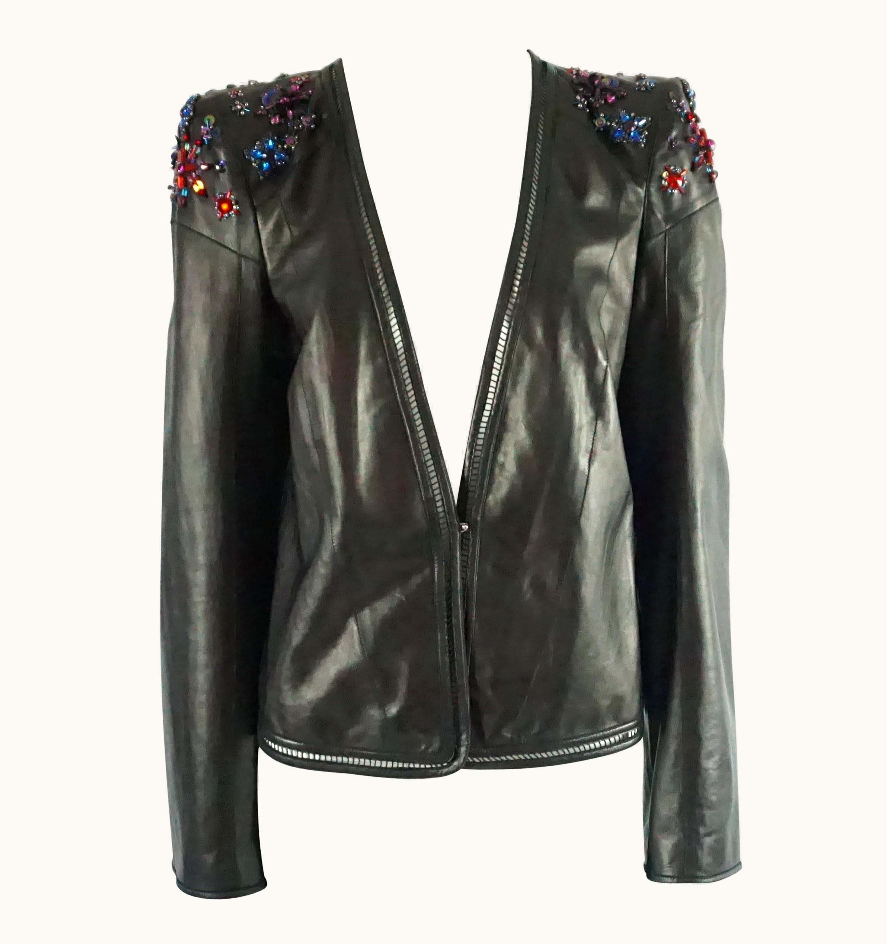 Roberto Cavalli Roberto Cavalli Black Leather Jacket With Rhinestone And Sequin Detailing