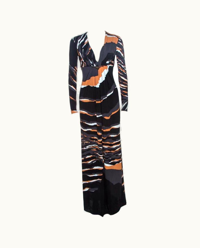 Roberto Cavalli Roberto Cavalli Multicolor Stretch Jersey Draped V Neck Maxi Dress