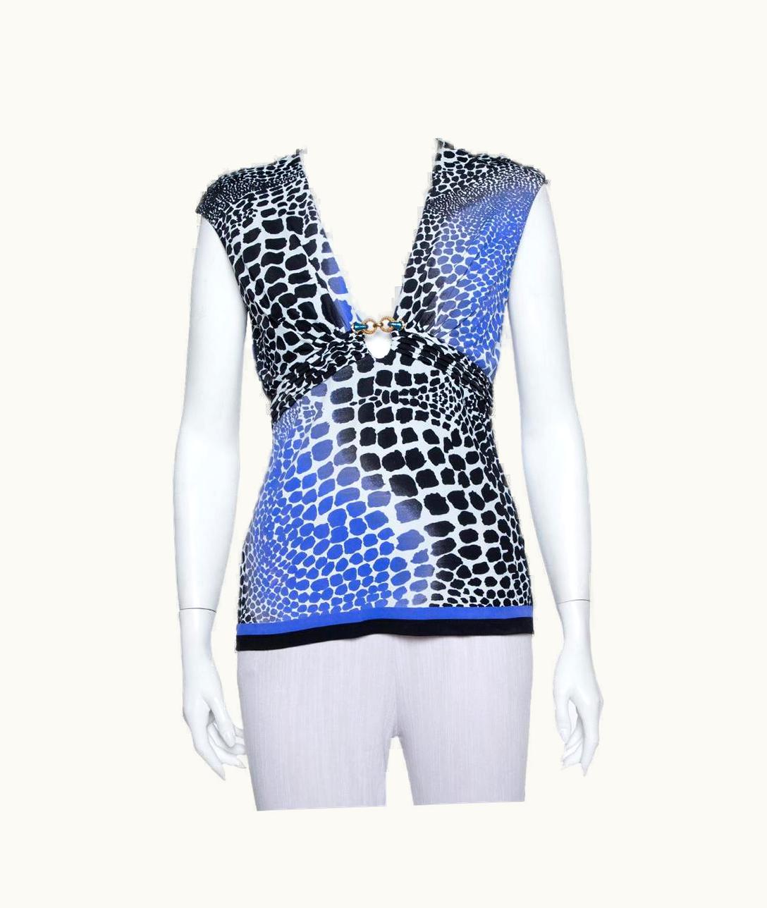 Roberto Cavalli Roberto Cavalli Blue & Black Knit Animal Print Plunge Neck Top