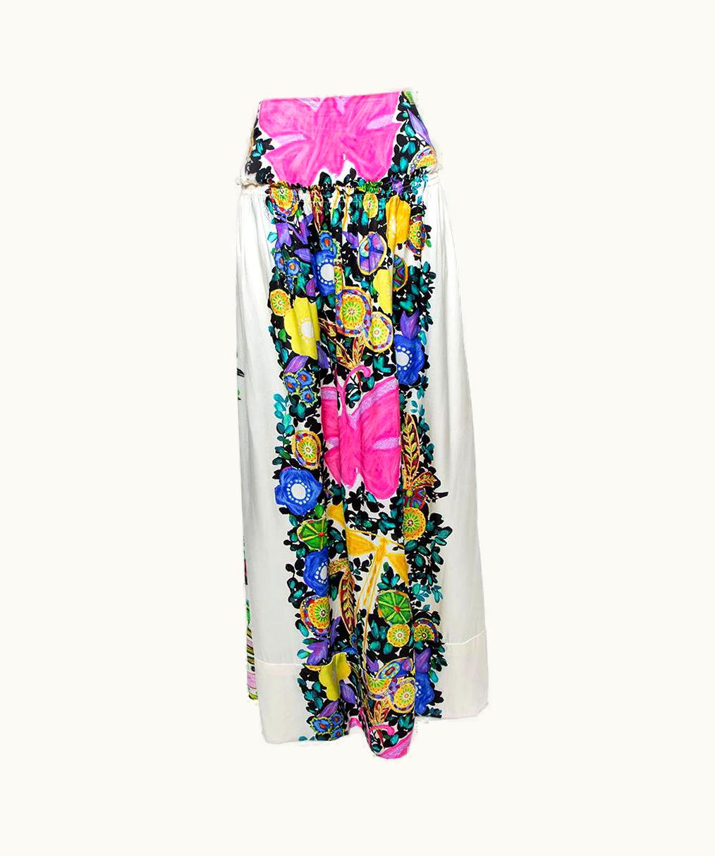 Roberto Cavalli Roberto Cavalli Cream Flora & Fauna Print Satin Silk Maxi Skirt