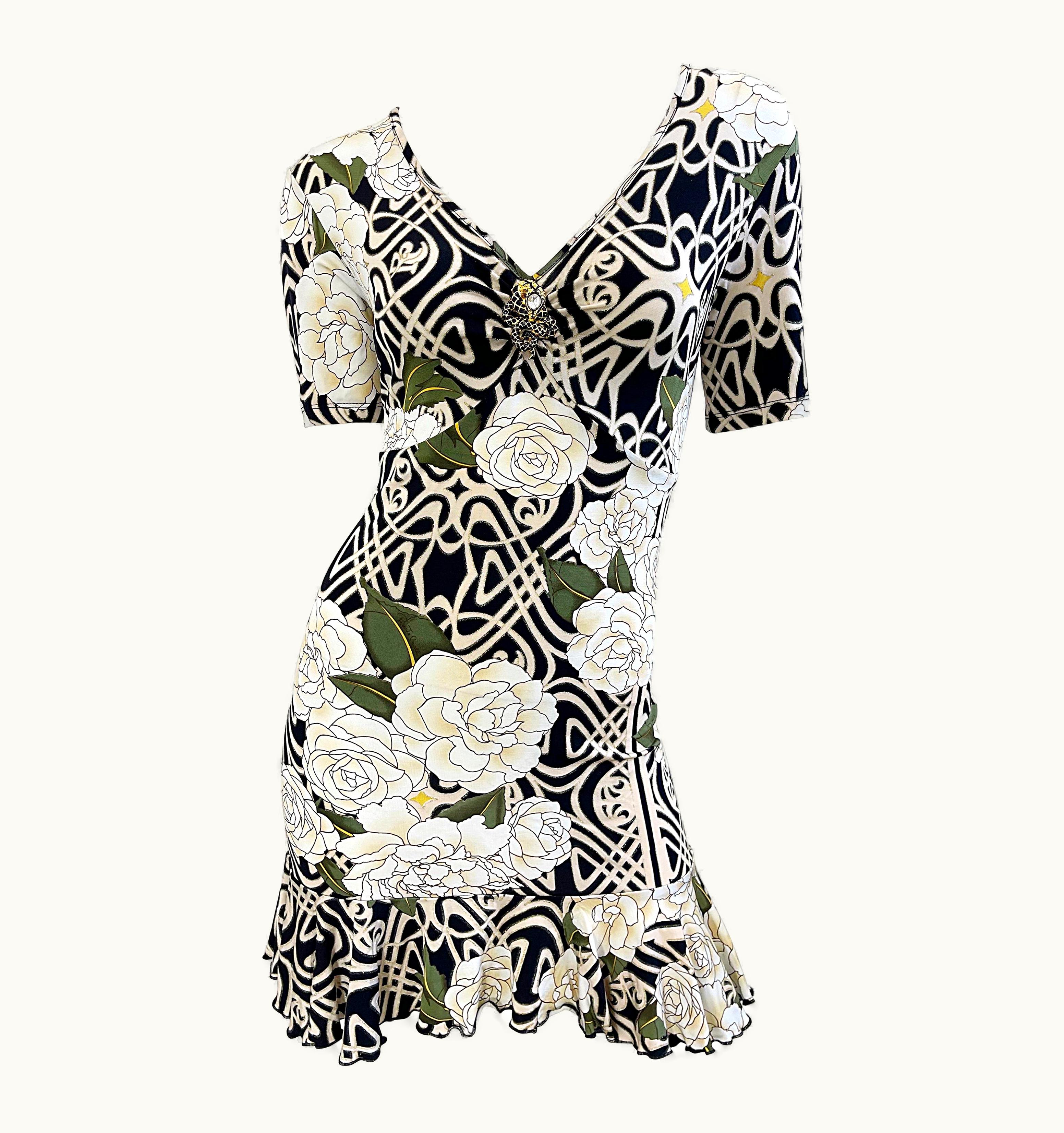Roberto Cavalli 2000s Roberto Cavalli arge Rose Print Serpent Embellished Mini Dress