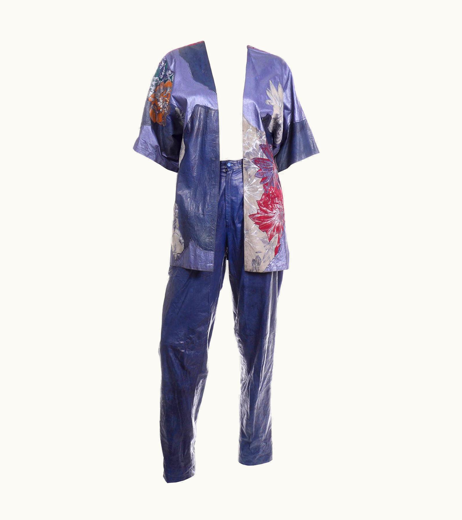 Roberto Cavalli Roberto Cavalli Patchwork Blue Leather Pants & Hand Painted Jacket Suit Outfit