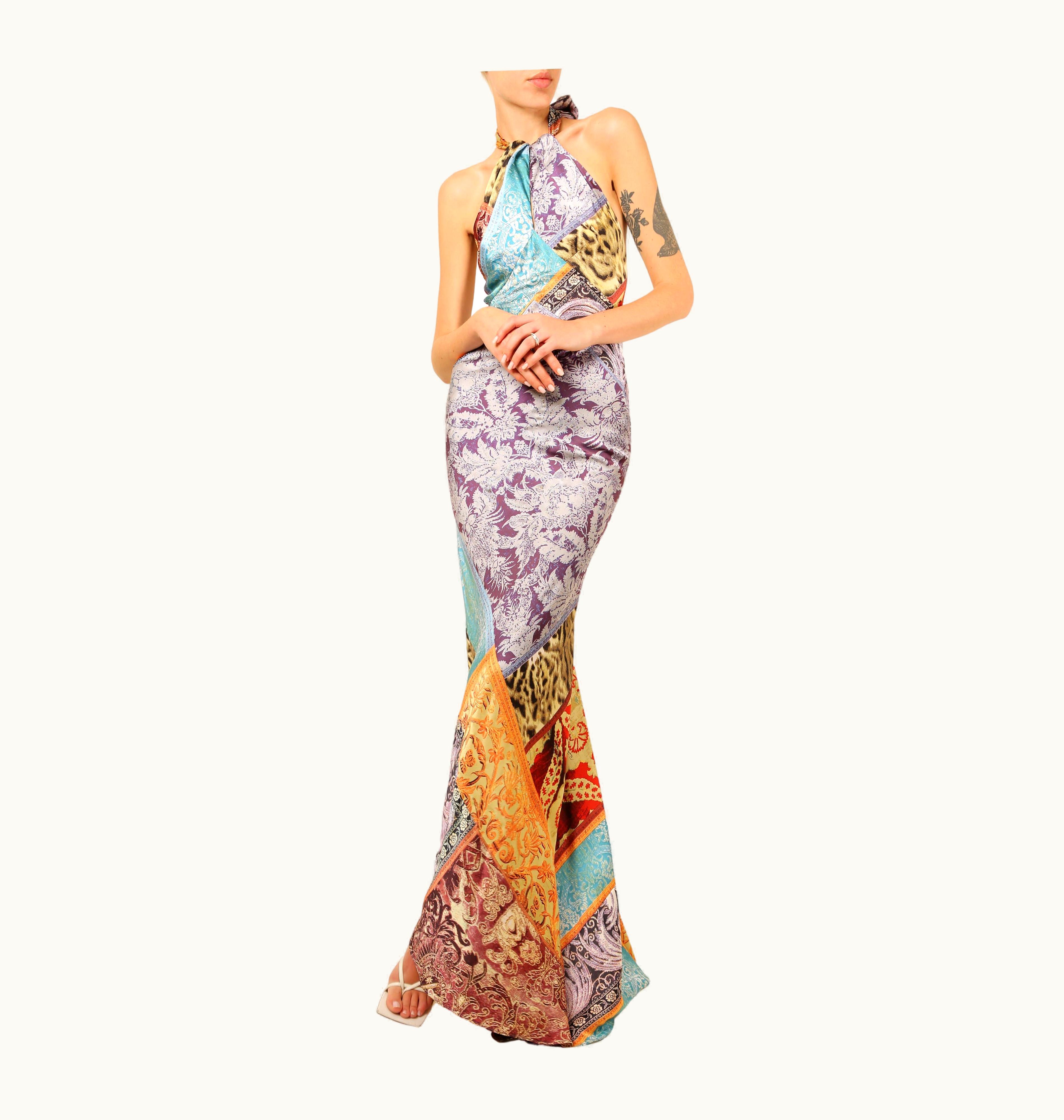 Roberto Cavalli Roberto Cavalli Silk Floral Leopard Print Halter Neck Backless Maxi Dress Gown