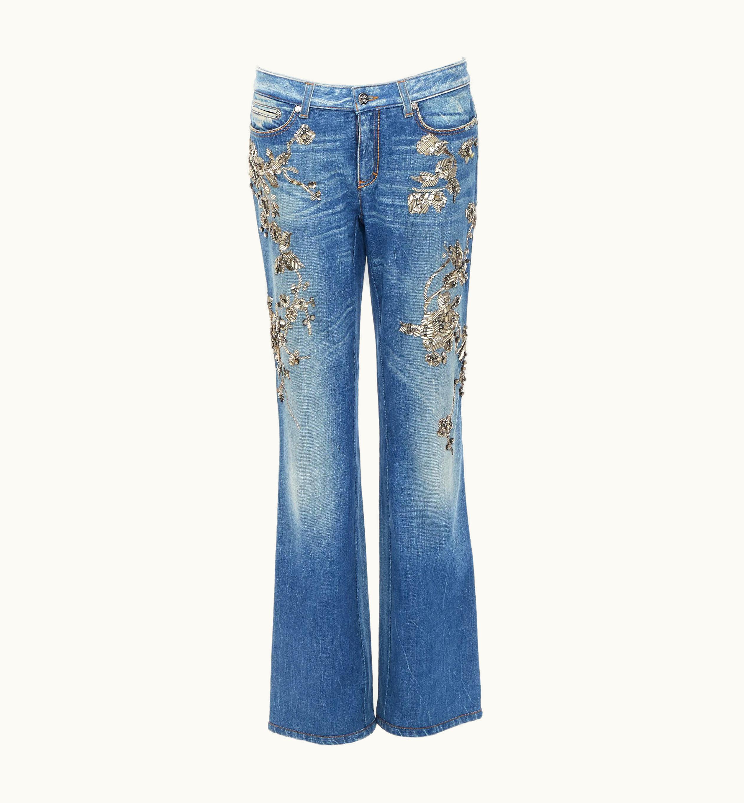 Roberto Cavalli Roberto Cavalli Silver Bead Crystal Floral Embellished Boot Cut Jeans