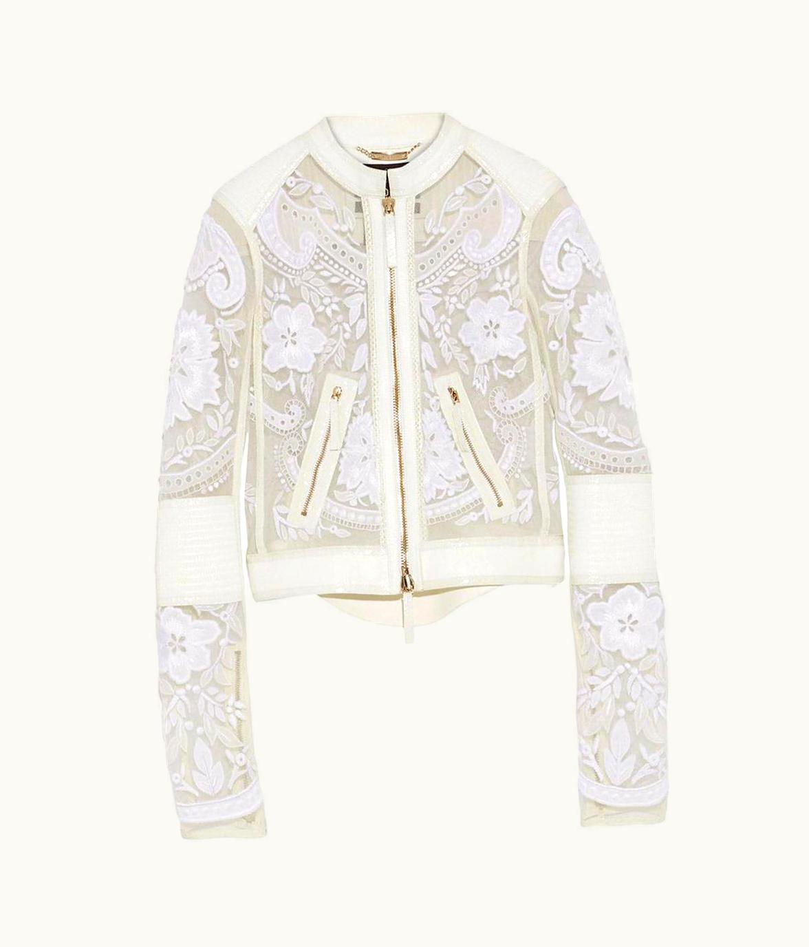 Roberto Cavalli 13k Roberto Cavalli Leather-trimmed Embroidered Tulle Biker Jacket In White