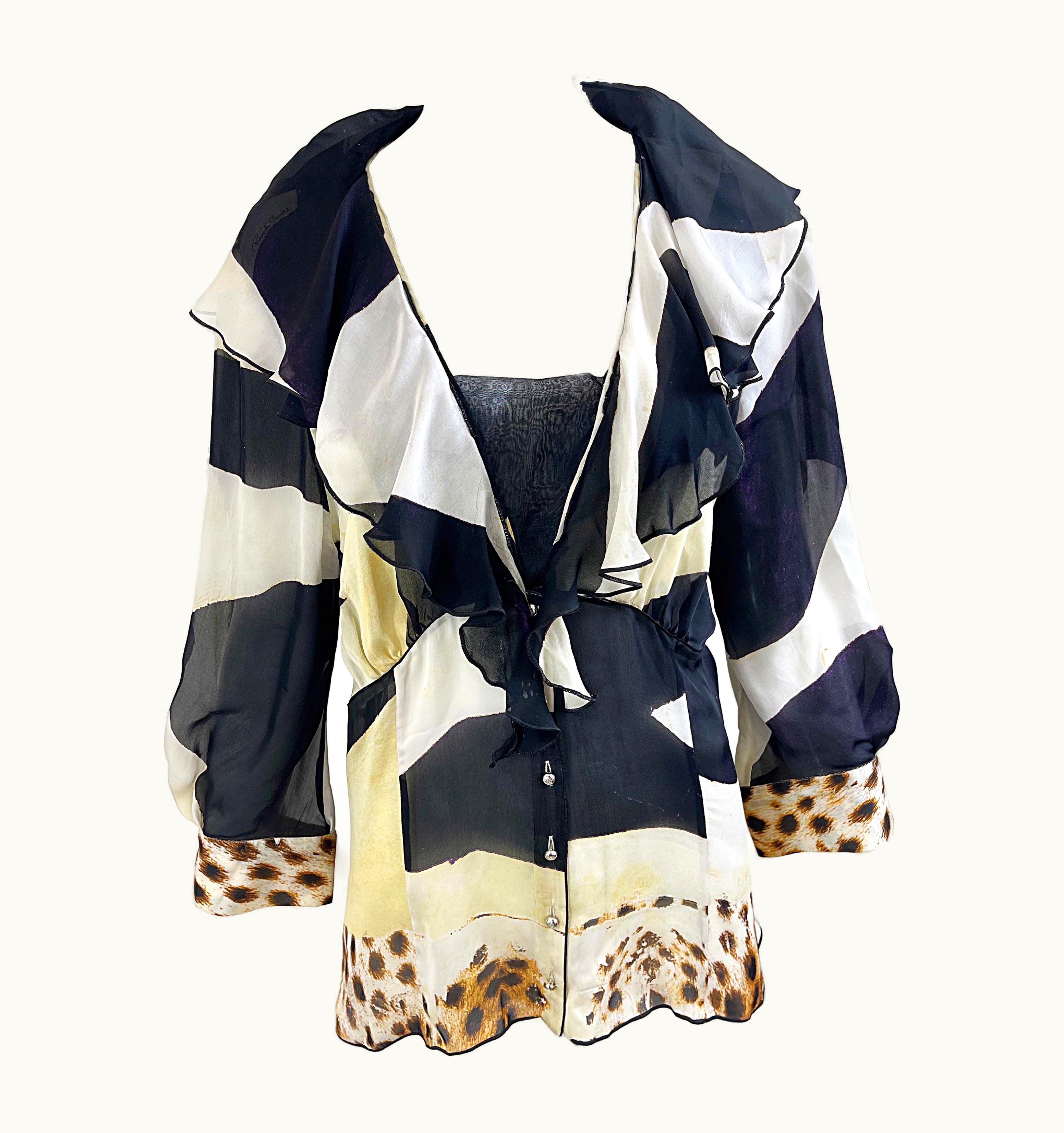 Roberto Cavalli 1990s Roberto Cavalli Large eopard Animal Zebra Print Chiffon 90s Blouse