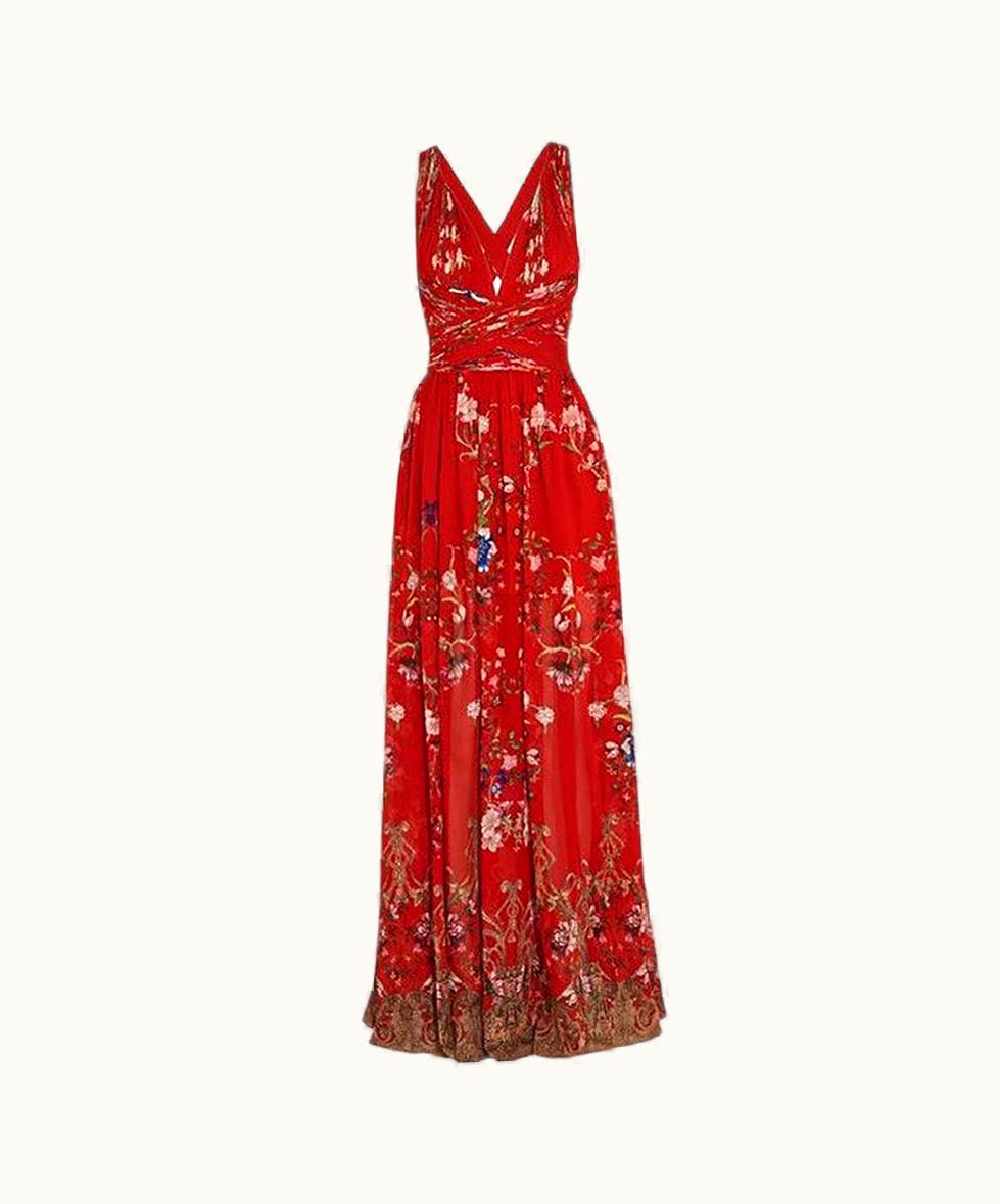 Roberto Cavalli Roberto Cavalli Red Silk Gathered Floral Printed Long Dress