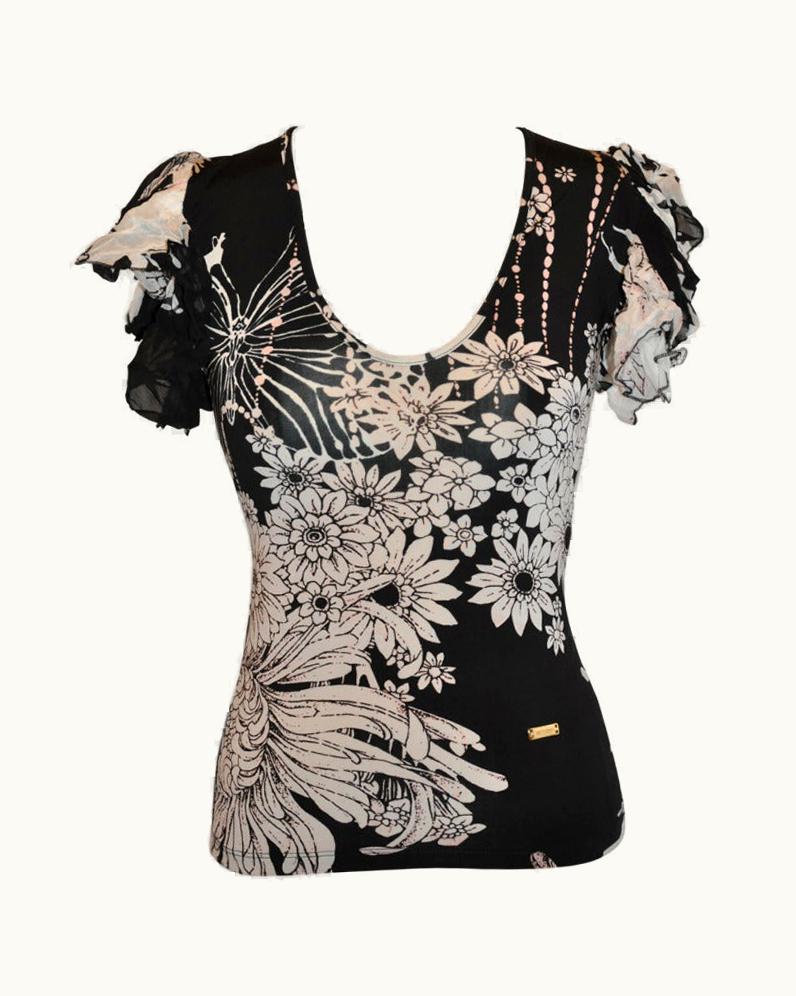 Roberto Cavalli Roberto Cavalli Black & White Floral Stretch Pull-Over With Ruffled Sleeves Top