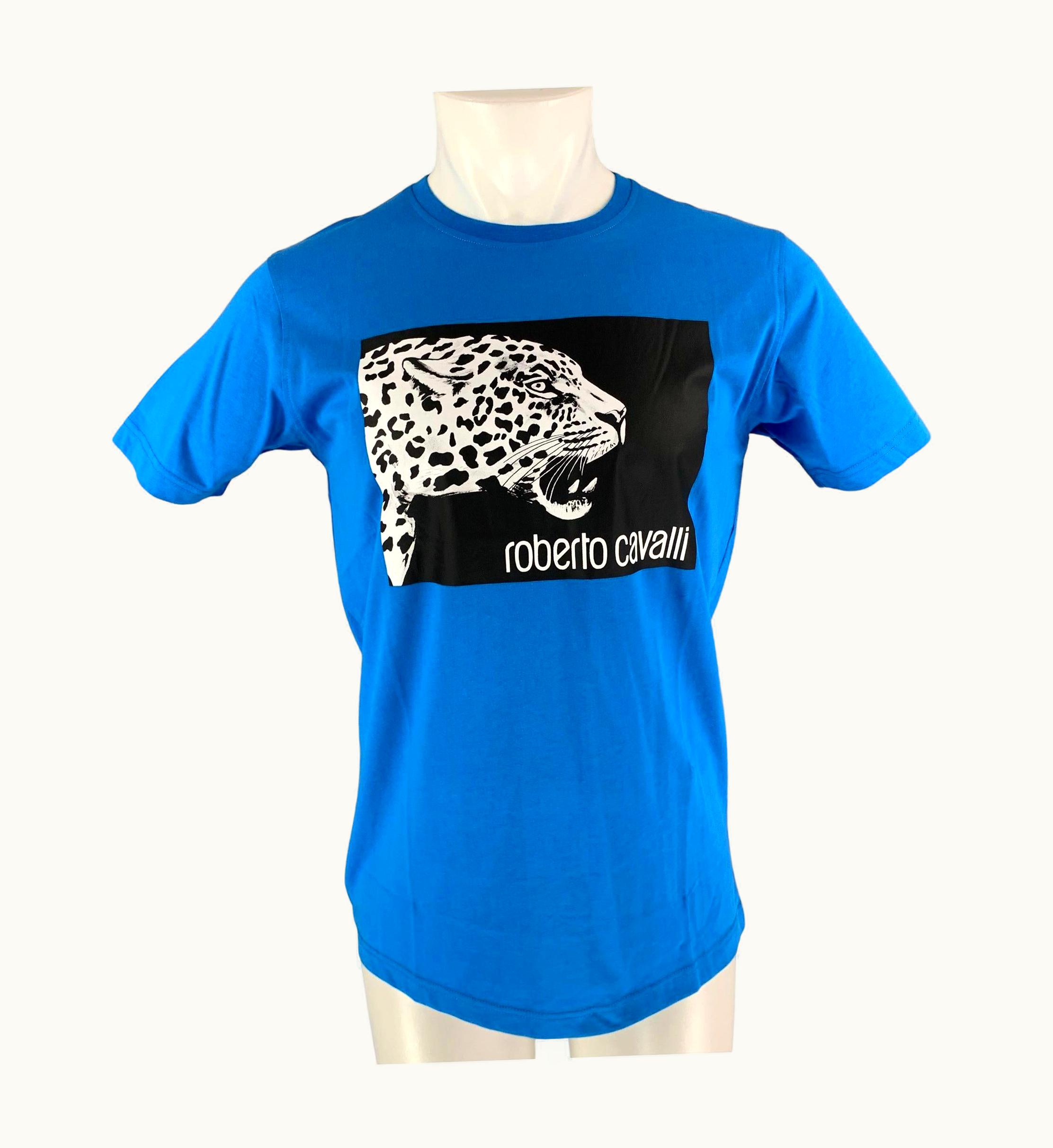 Roberto Cavalli Roberto Cavalli Blue Black & White Graphic Cotton Short Sleeve Shirt