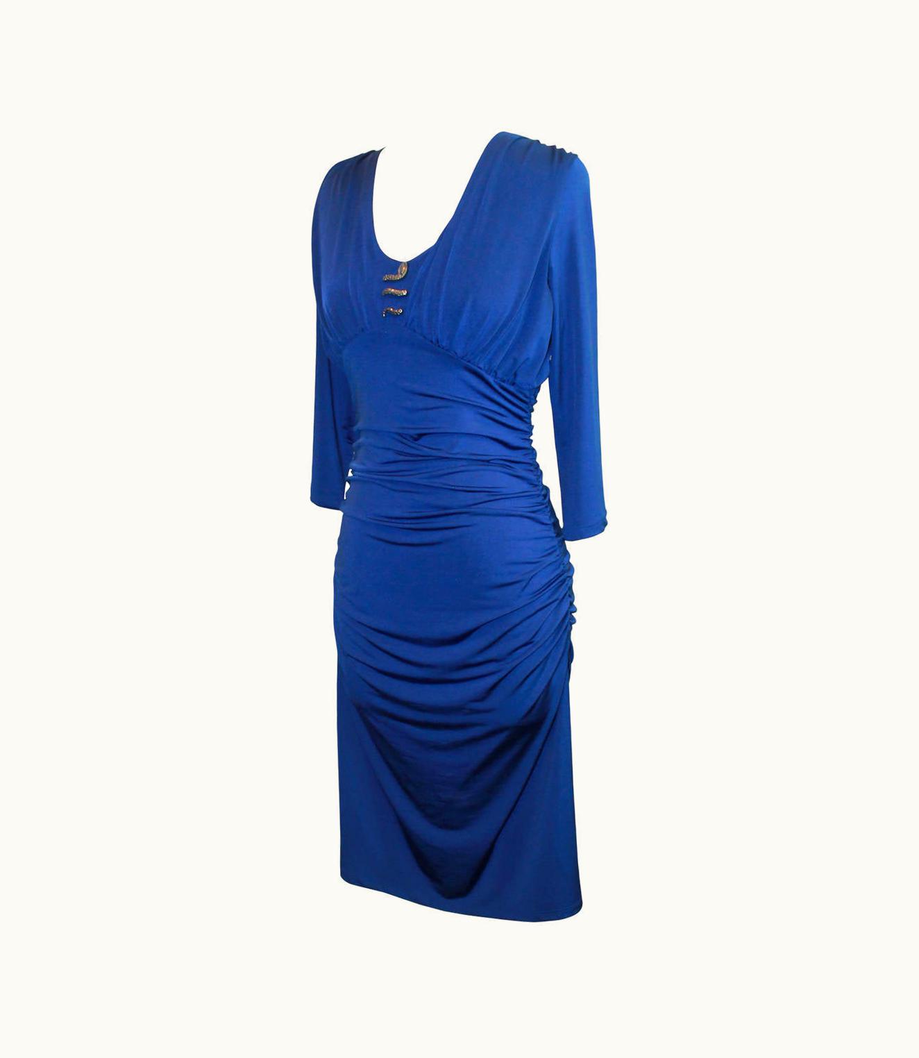 Roberto Cavalli Roberto Cavalli Royal Blue Jersey Ruching 3/4 Sleeve Dress - - Nwt