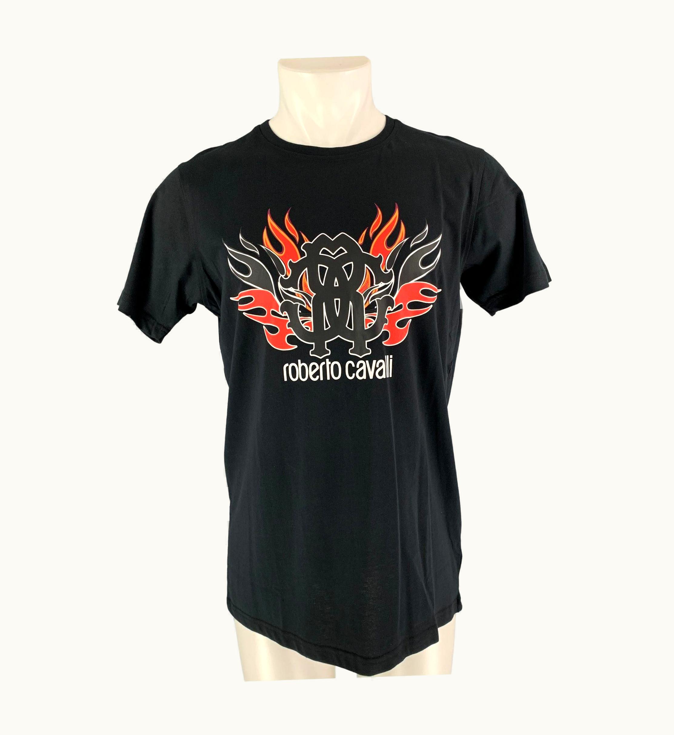 Roberto Cavalli Roberto Cavalli Black & White Red Graphic Cotton Short Sleeve Shirt