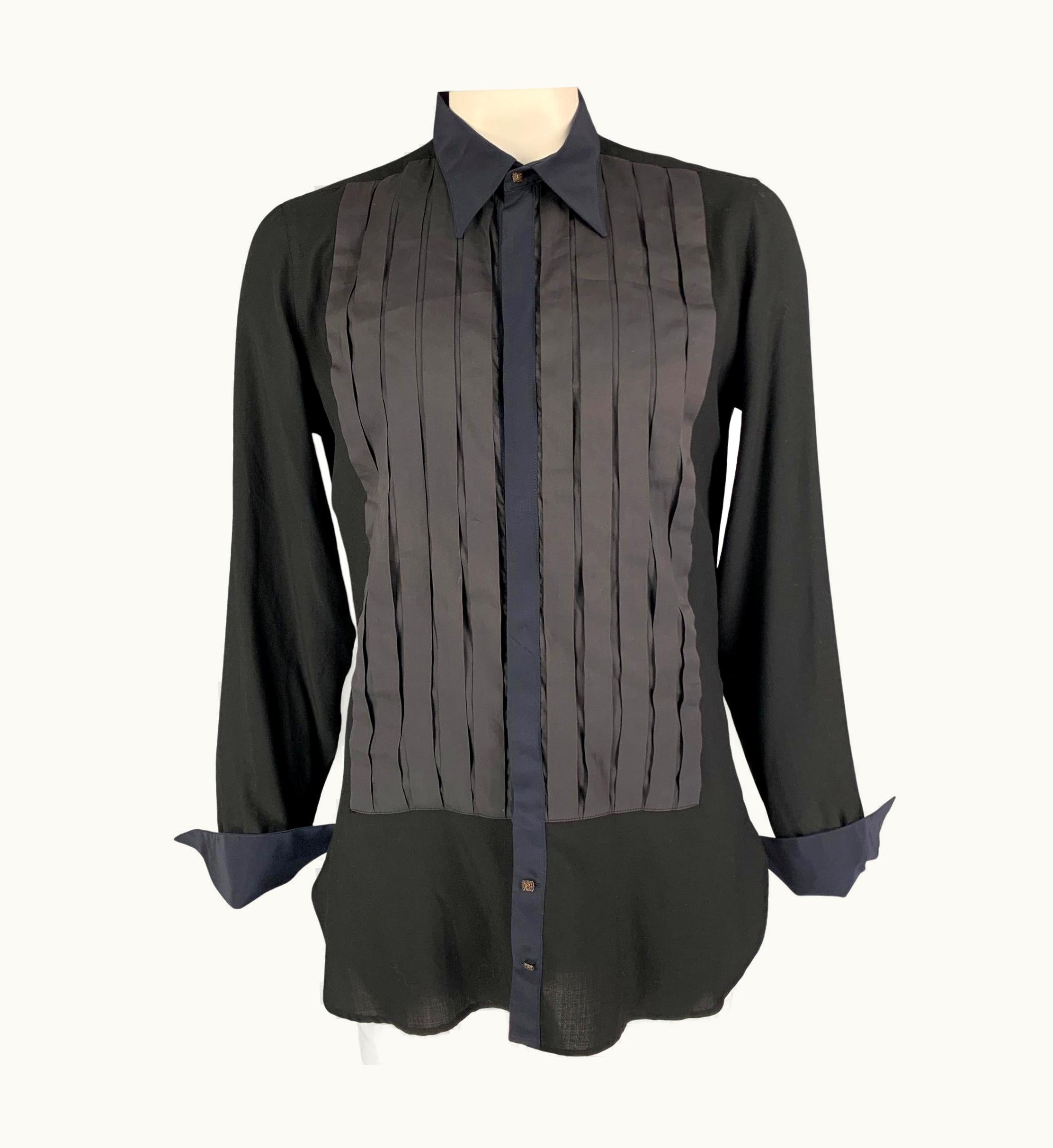 Roberto Cavalli Roberto Cavalli Black Navy Charcoal Pleated Tuxedo Long Sleeve Shirt