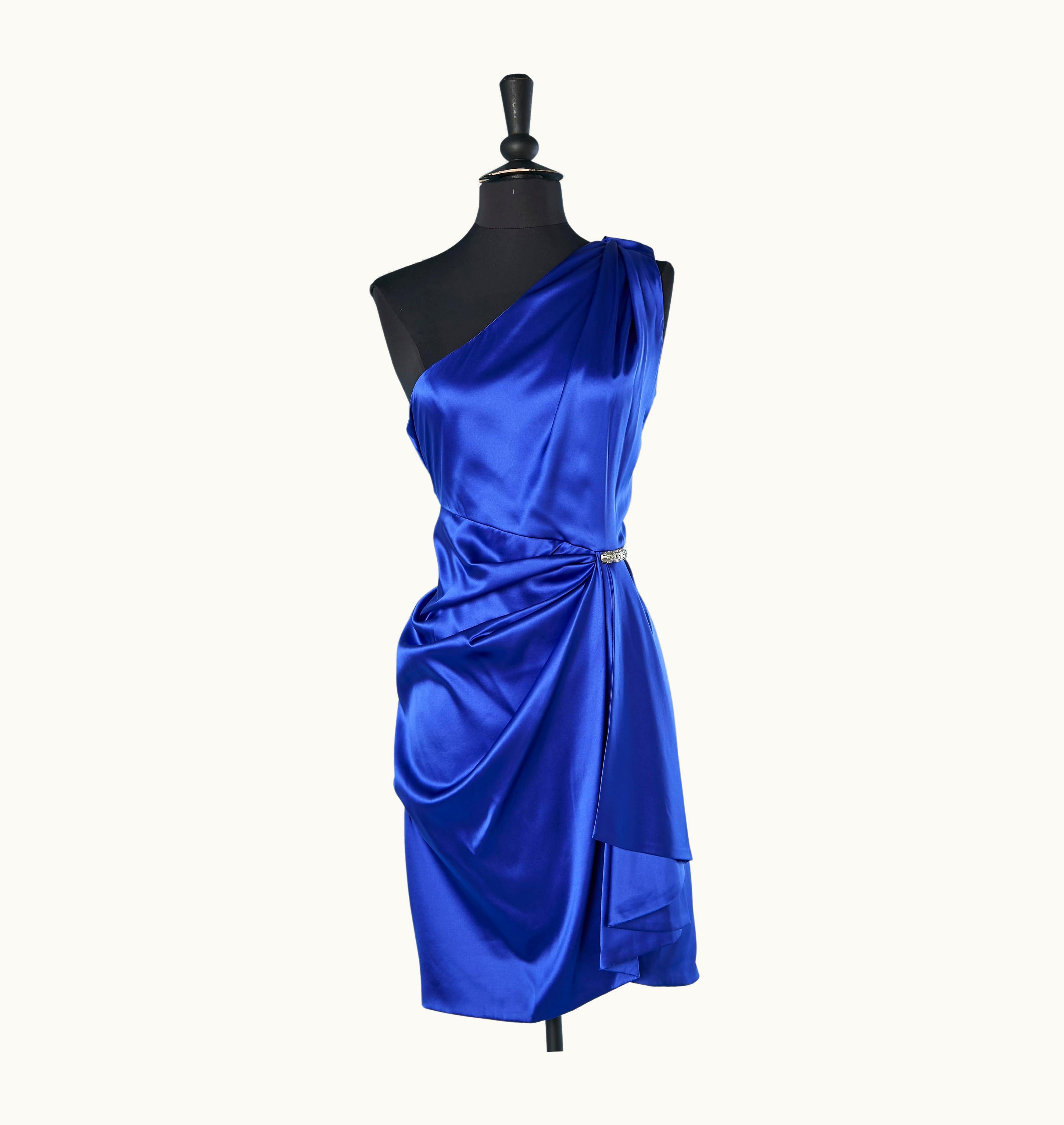 Roberto Cavalli Blue Silk Asymmetrical Cocktail Dress With Silver Metal Brooch Roberto Cavalli