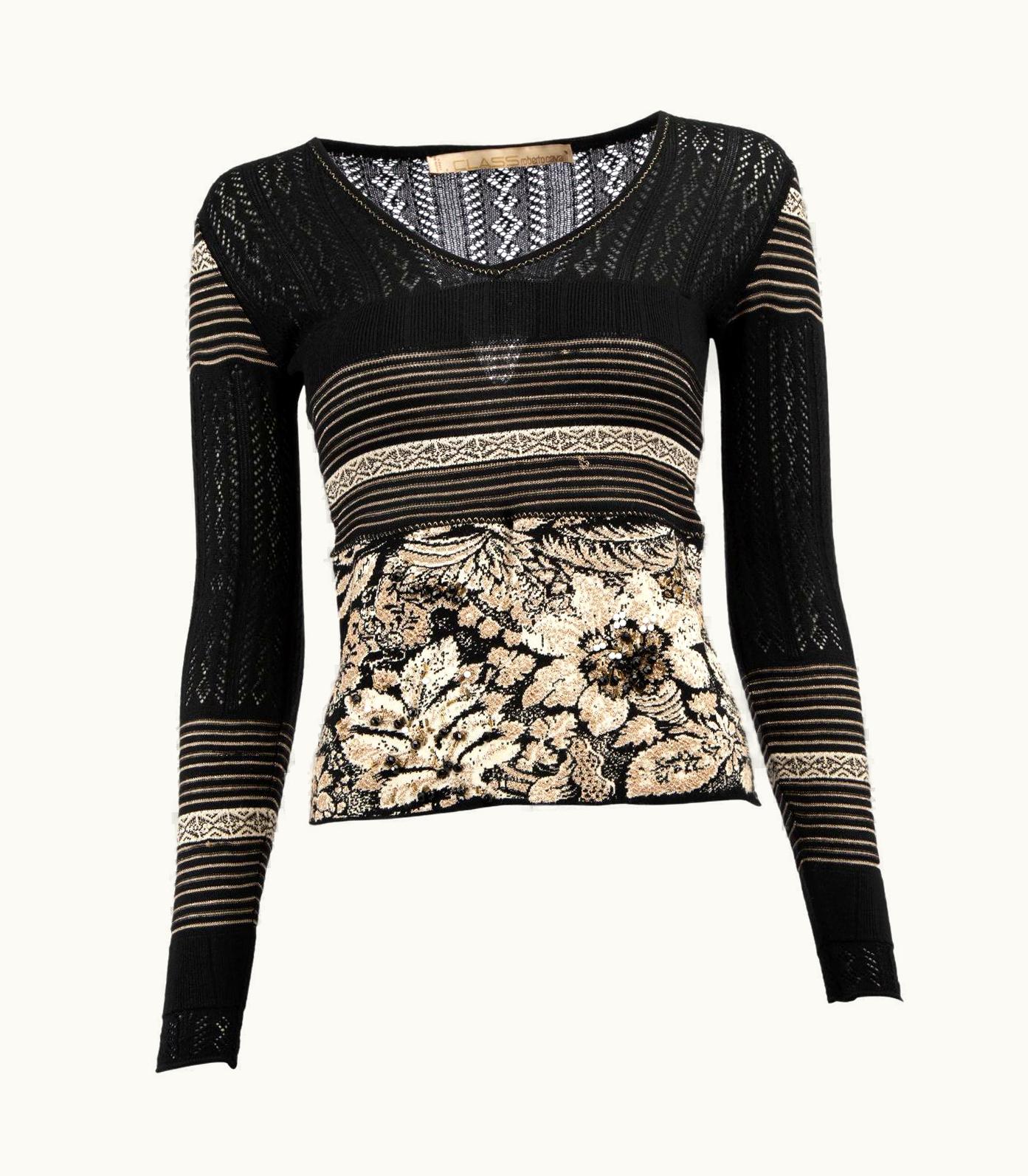 Roberto Cavalli Class Roberto Cavalli Women' Black Floral Beaded Accent Knitted Top UZ0606241